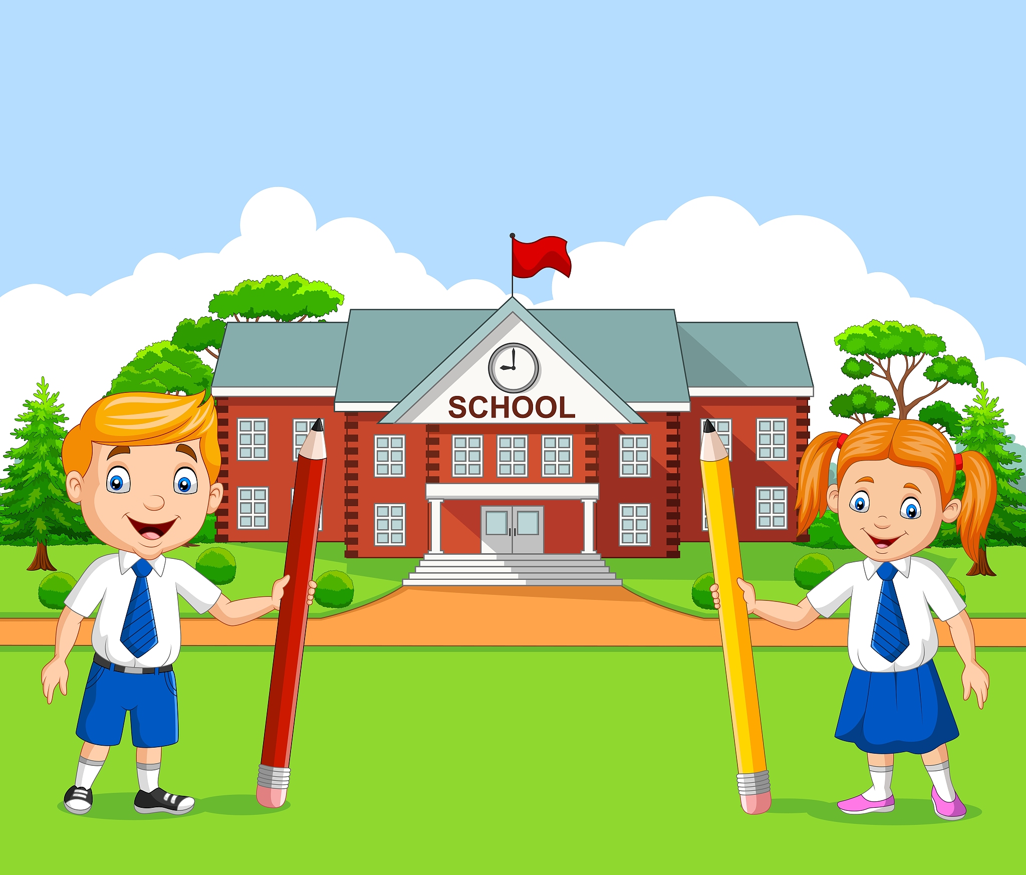 cartoon school kids in the school yard
