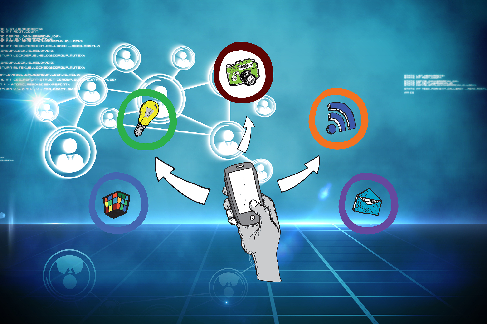 smartphone apps doodle against futuristic technology interface