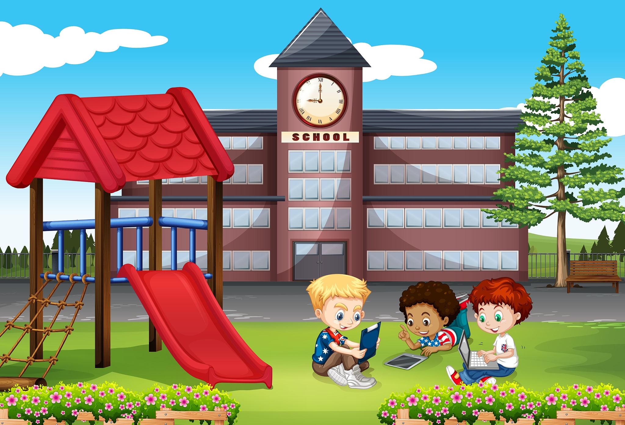 children using computer in the park