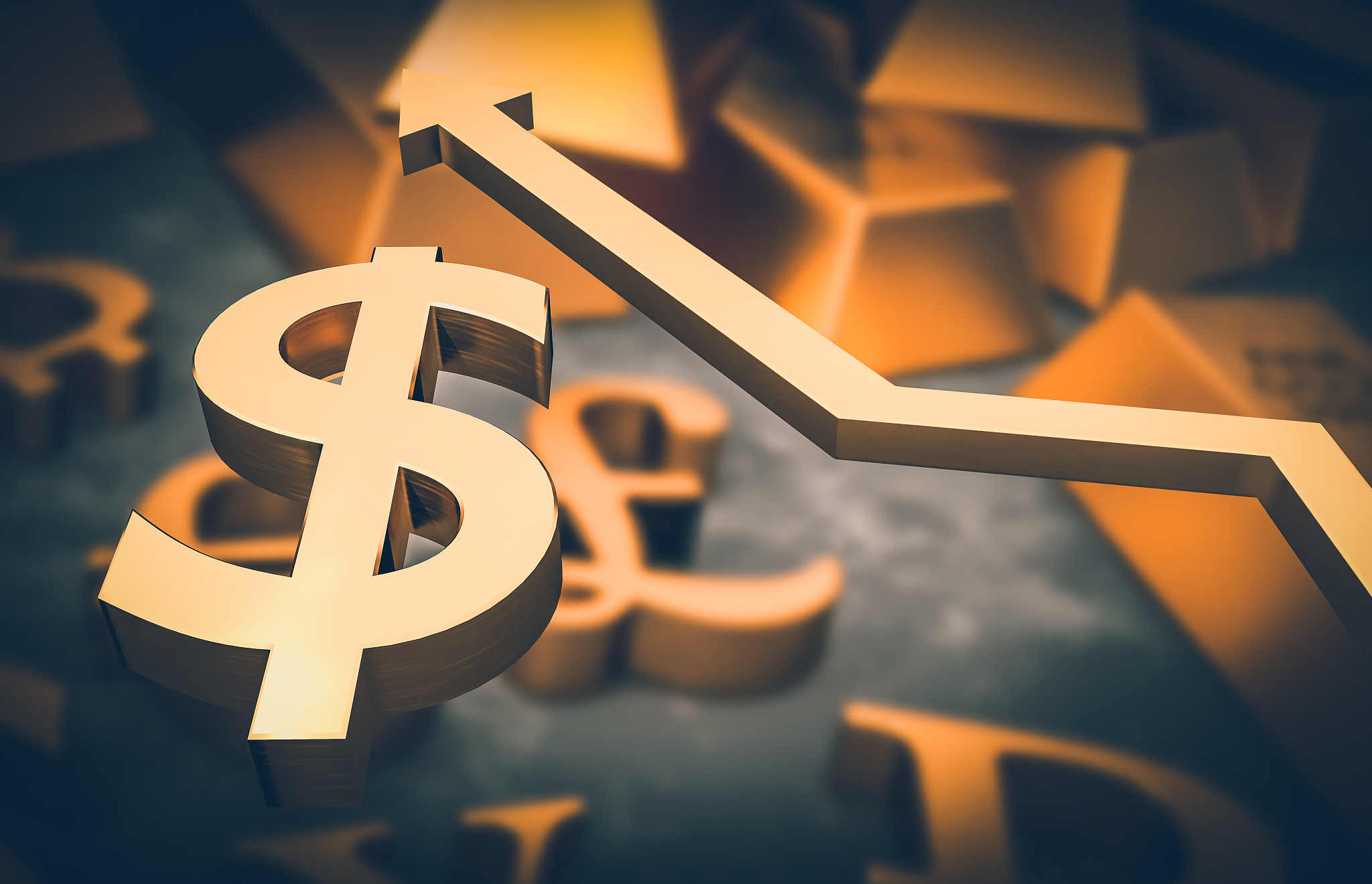 golden dollar symbol and golden arrow up