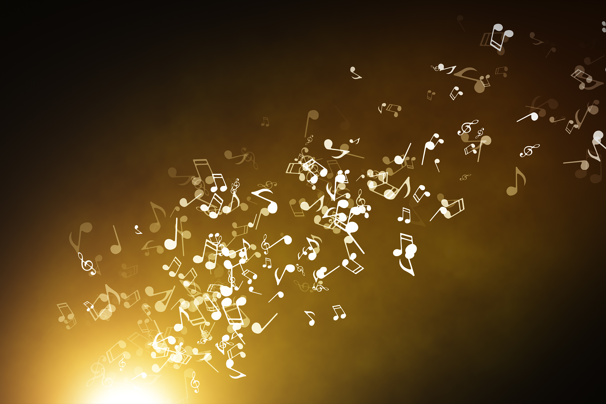 floating musical notes on an abstract gold background with flare