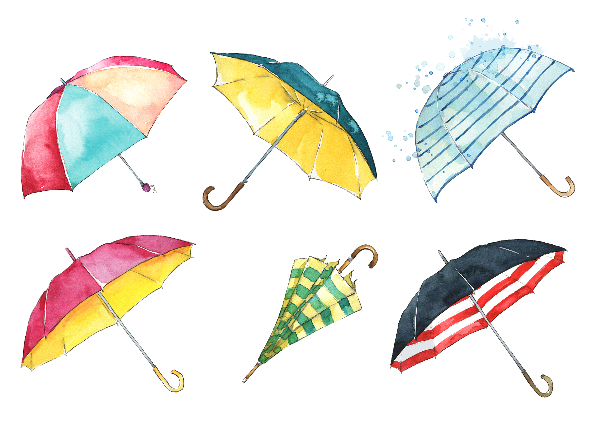 set of watercolor hand painted colorful umbrellas