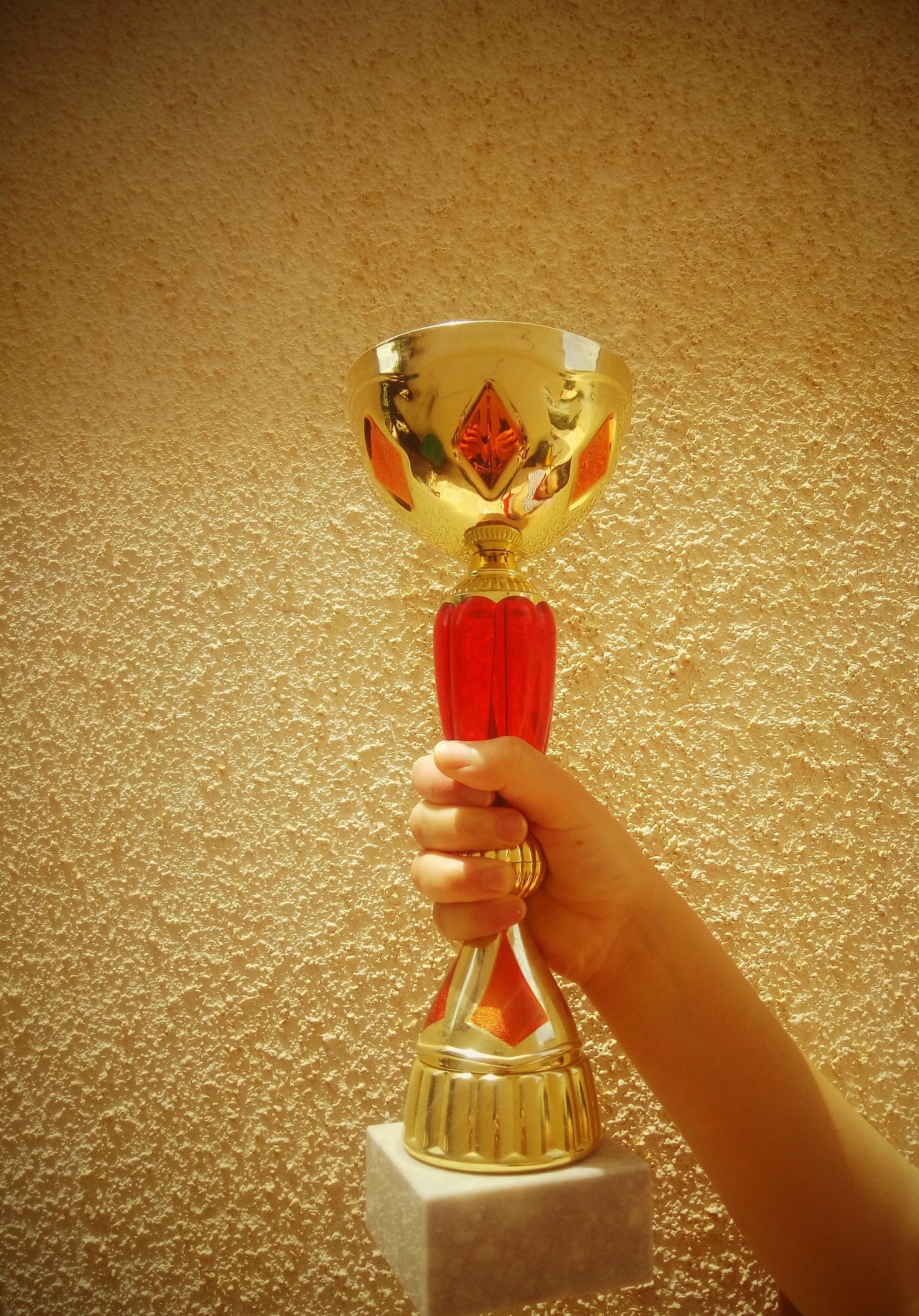 close-up of woman holding trophy against wall