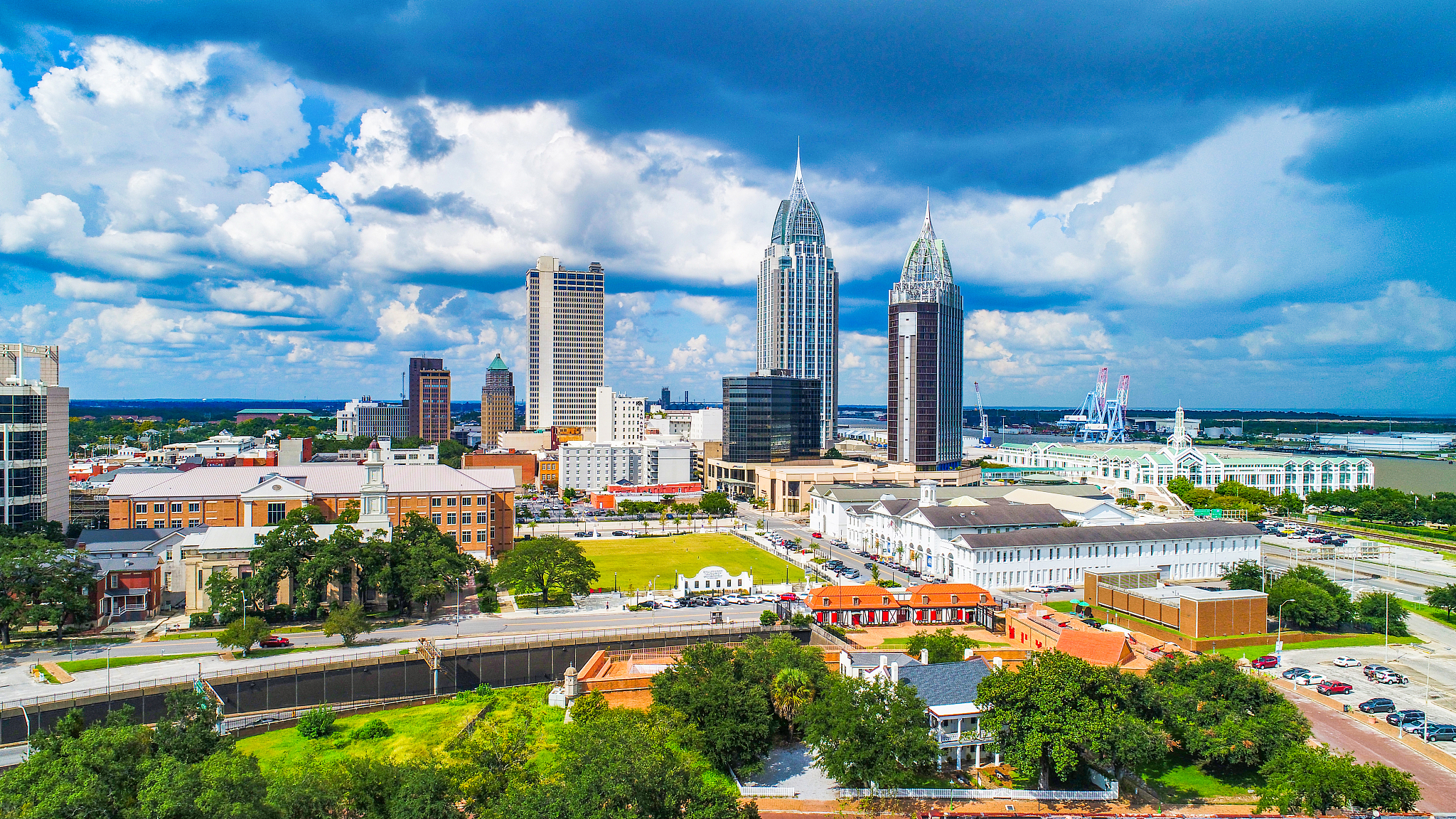 drone aerial view of downtown mobile alabama al skyline