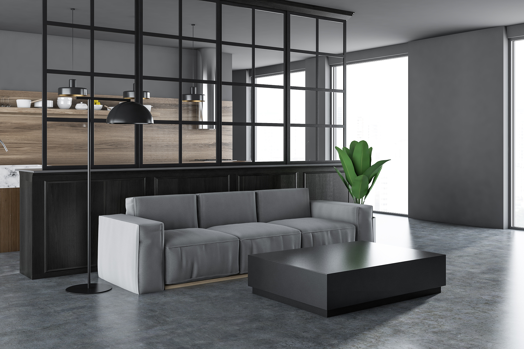 white and black living room corner, gray sofa