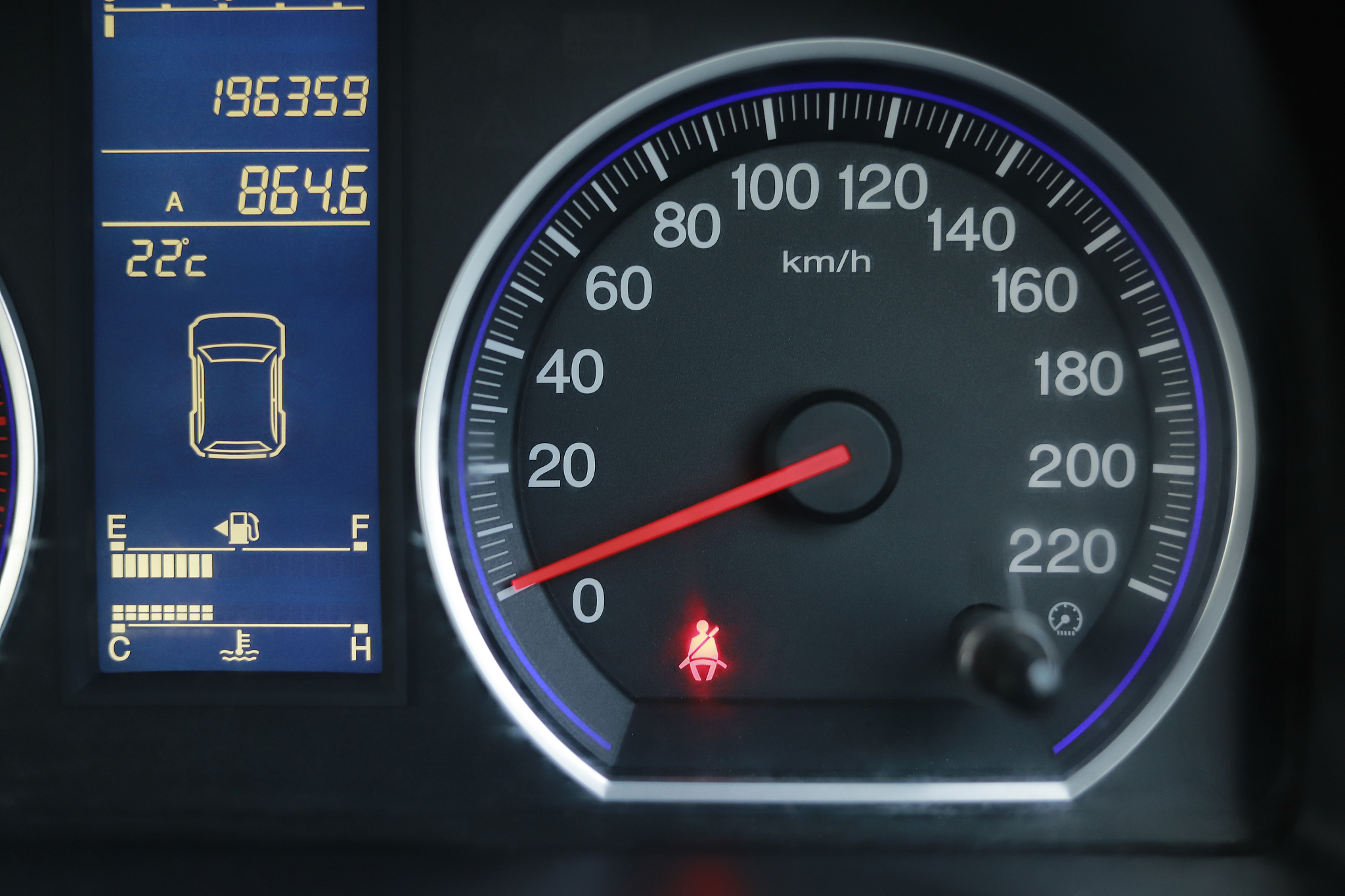 car speed meter dashboard and cockpit, close up.