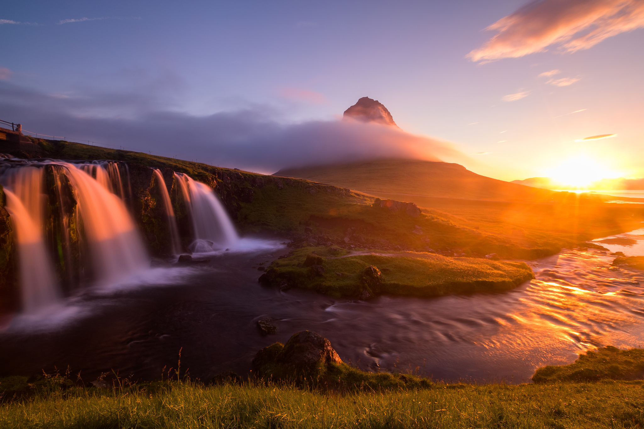 picture beautiful view summer of kirkjufellsfoss at morning, sum