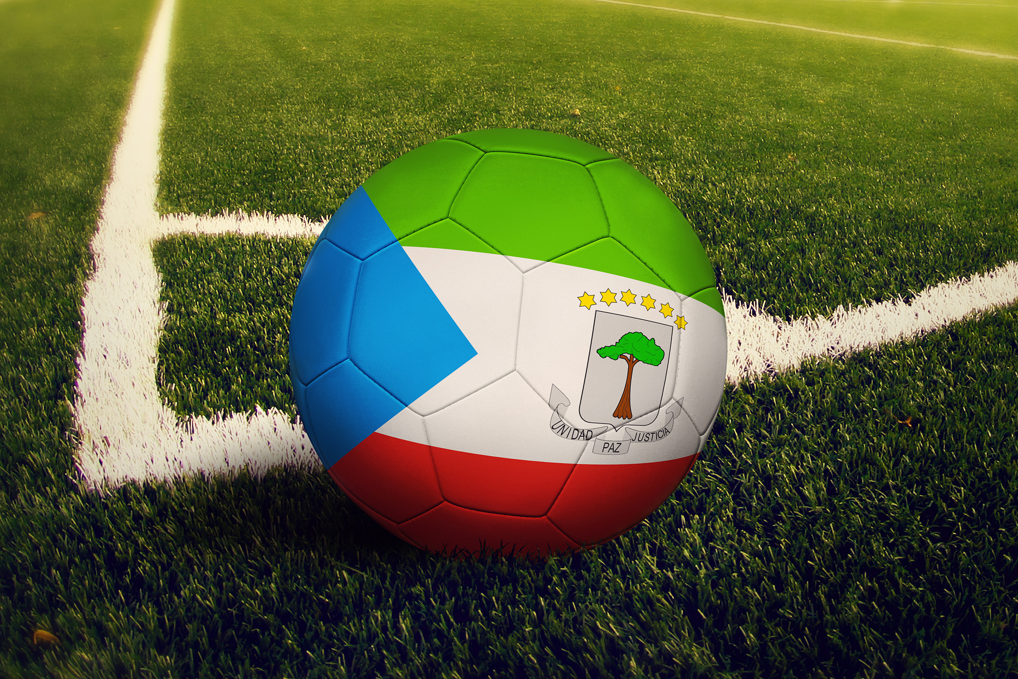 equatorial guinea ball on corner kick position, soccer field bac