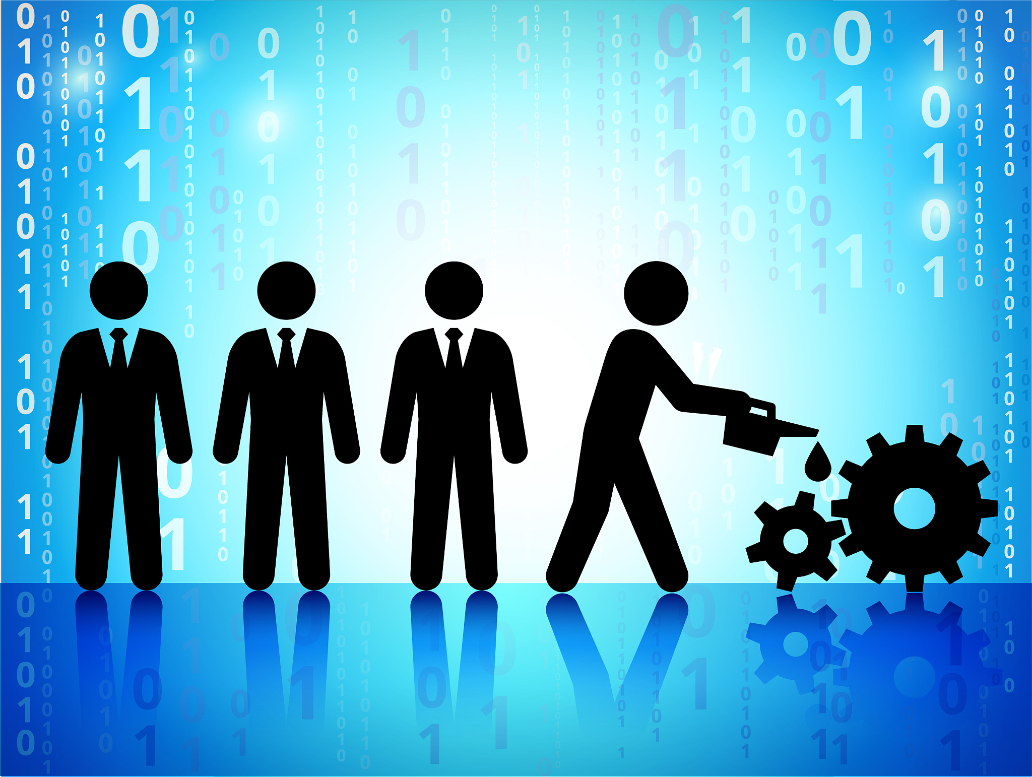business and management on binary code blue background