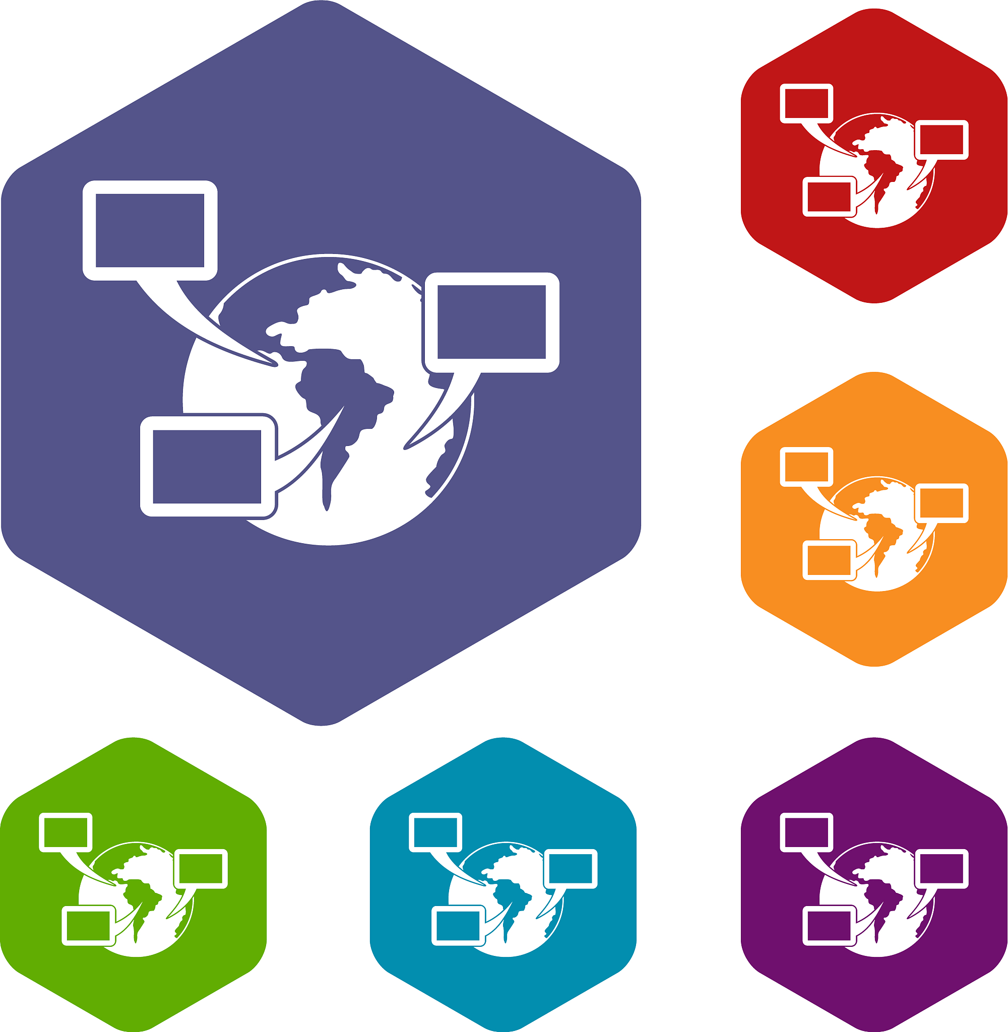 world planet and speech bubbles icons set hexagon