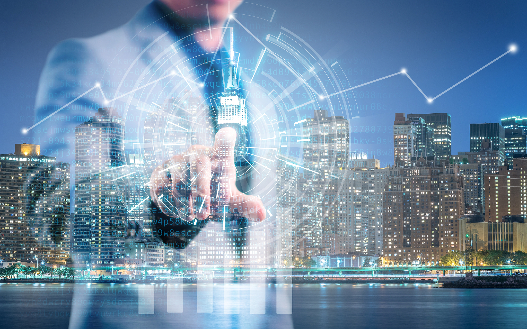 businessman pointing his finger and touch the high technology sc