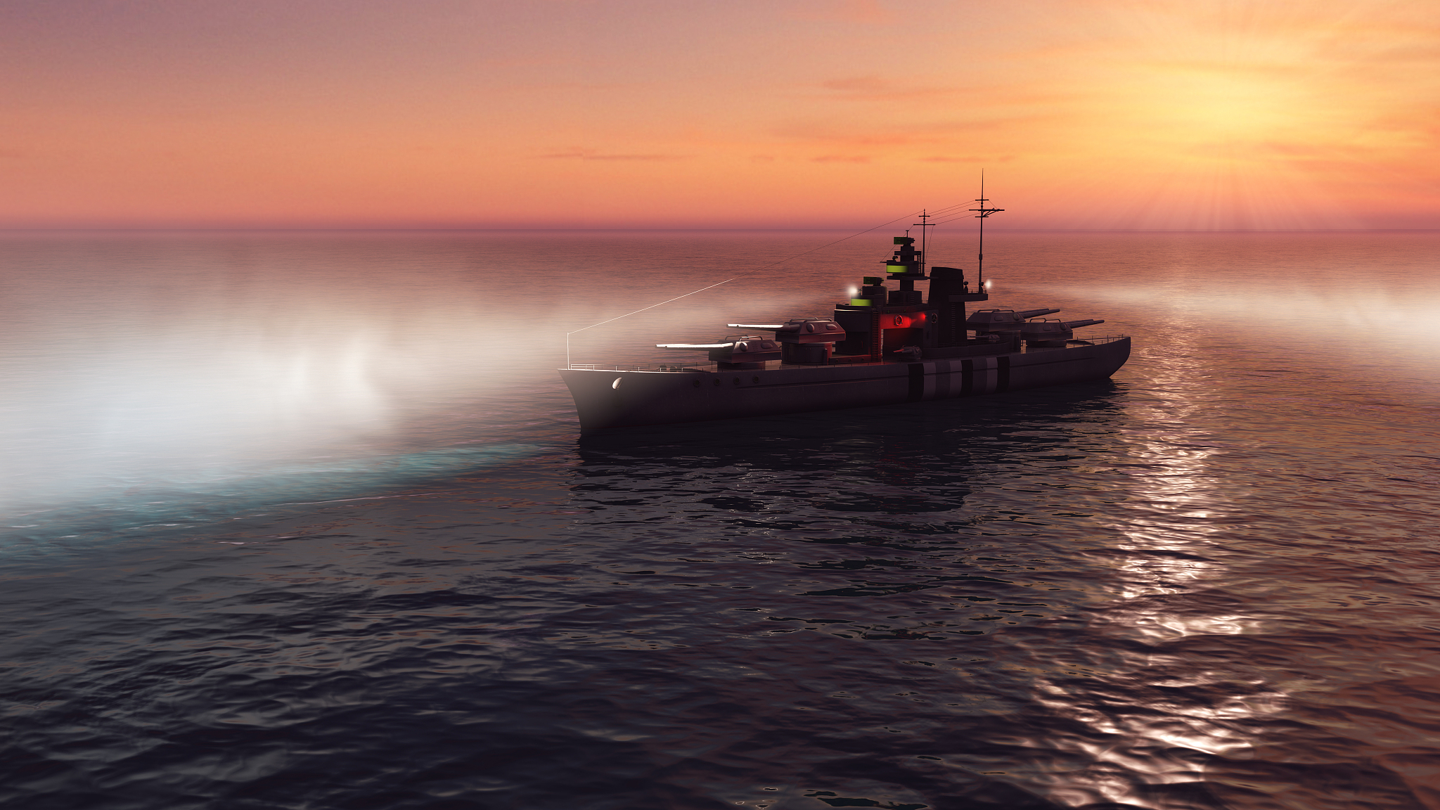 3d illustration of a battleship in the open ocean at sunset with