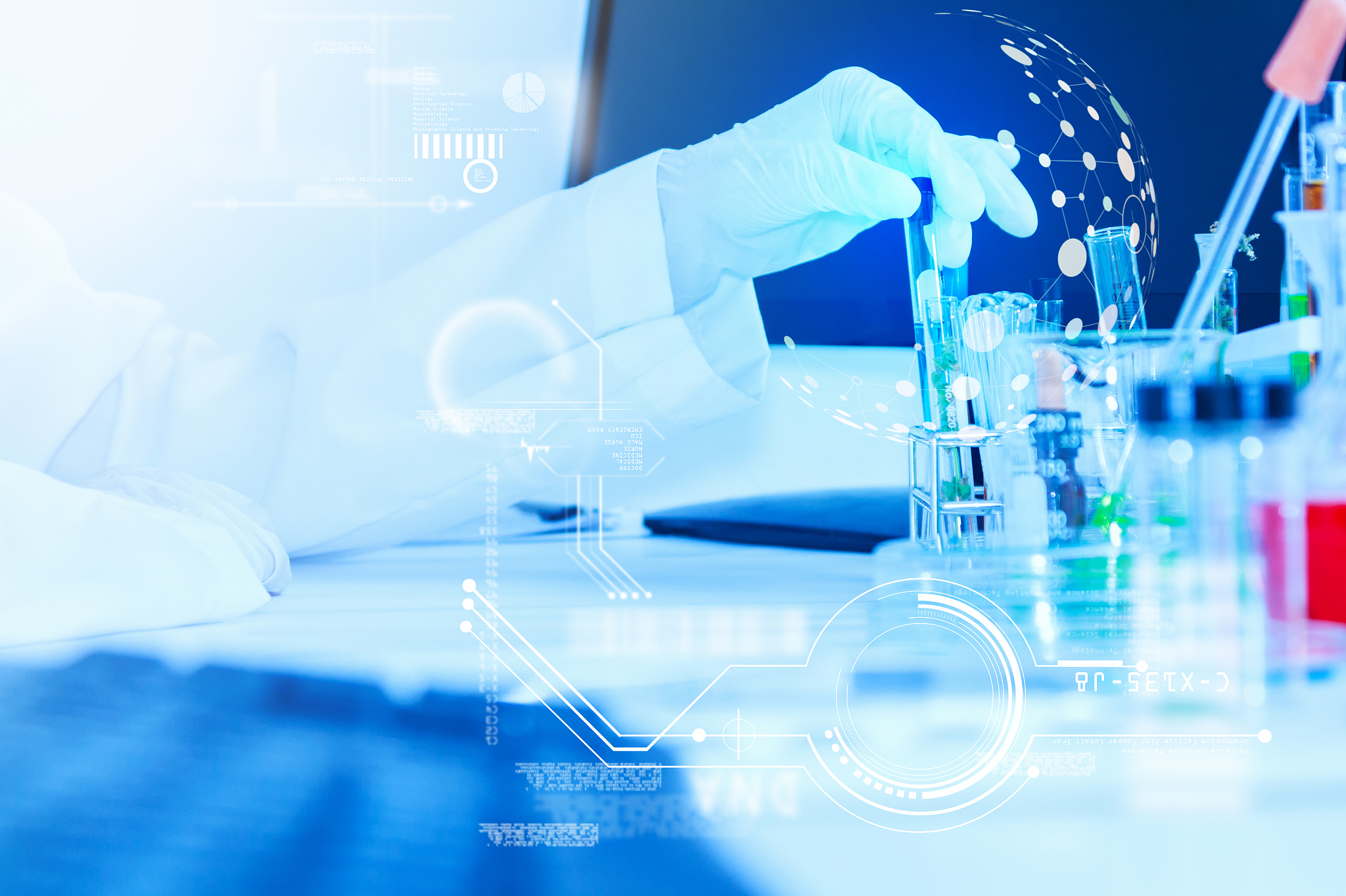 laboratory glassware containing chemical liquid, science researc