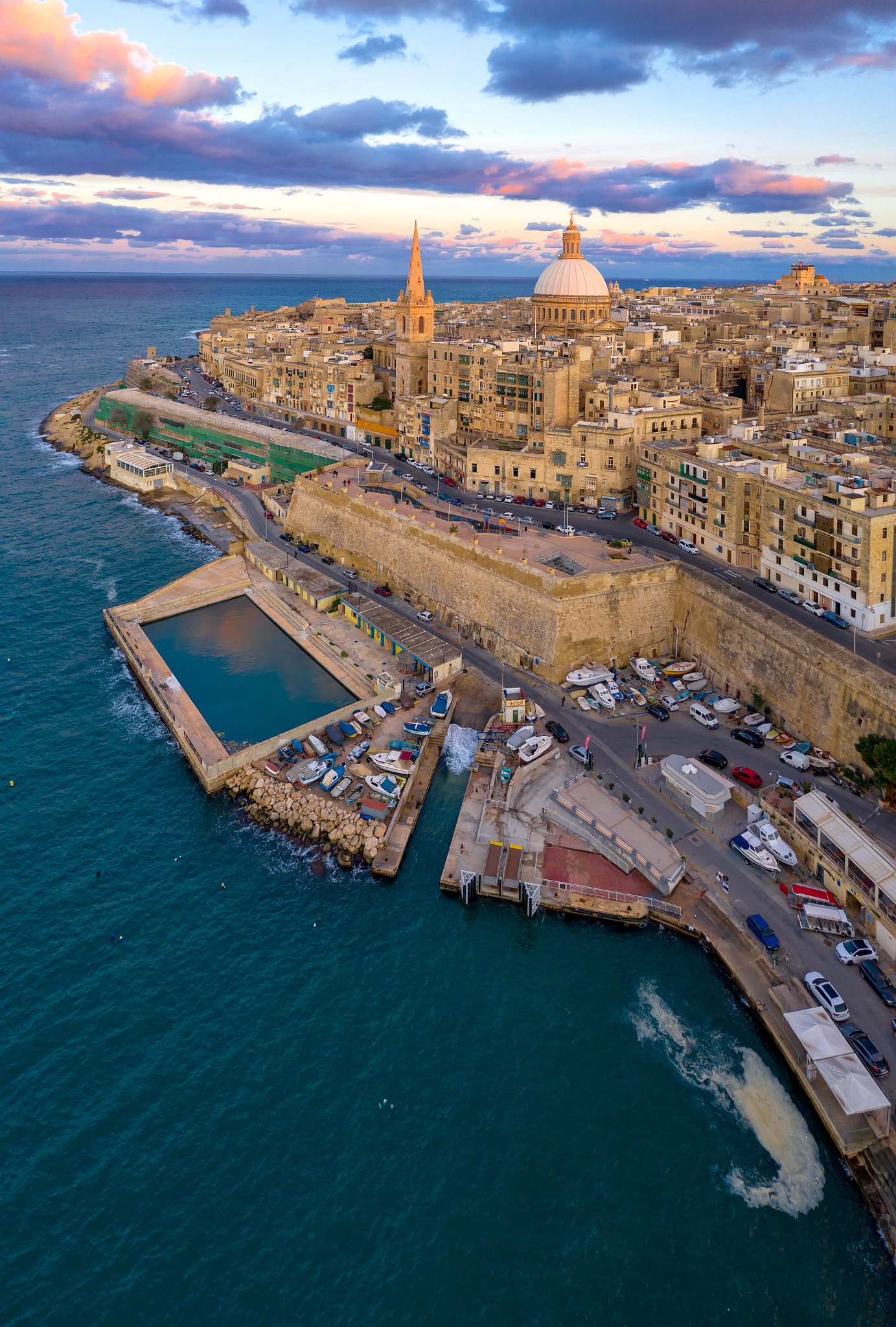valletta, malta capital, view from above at sunset