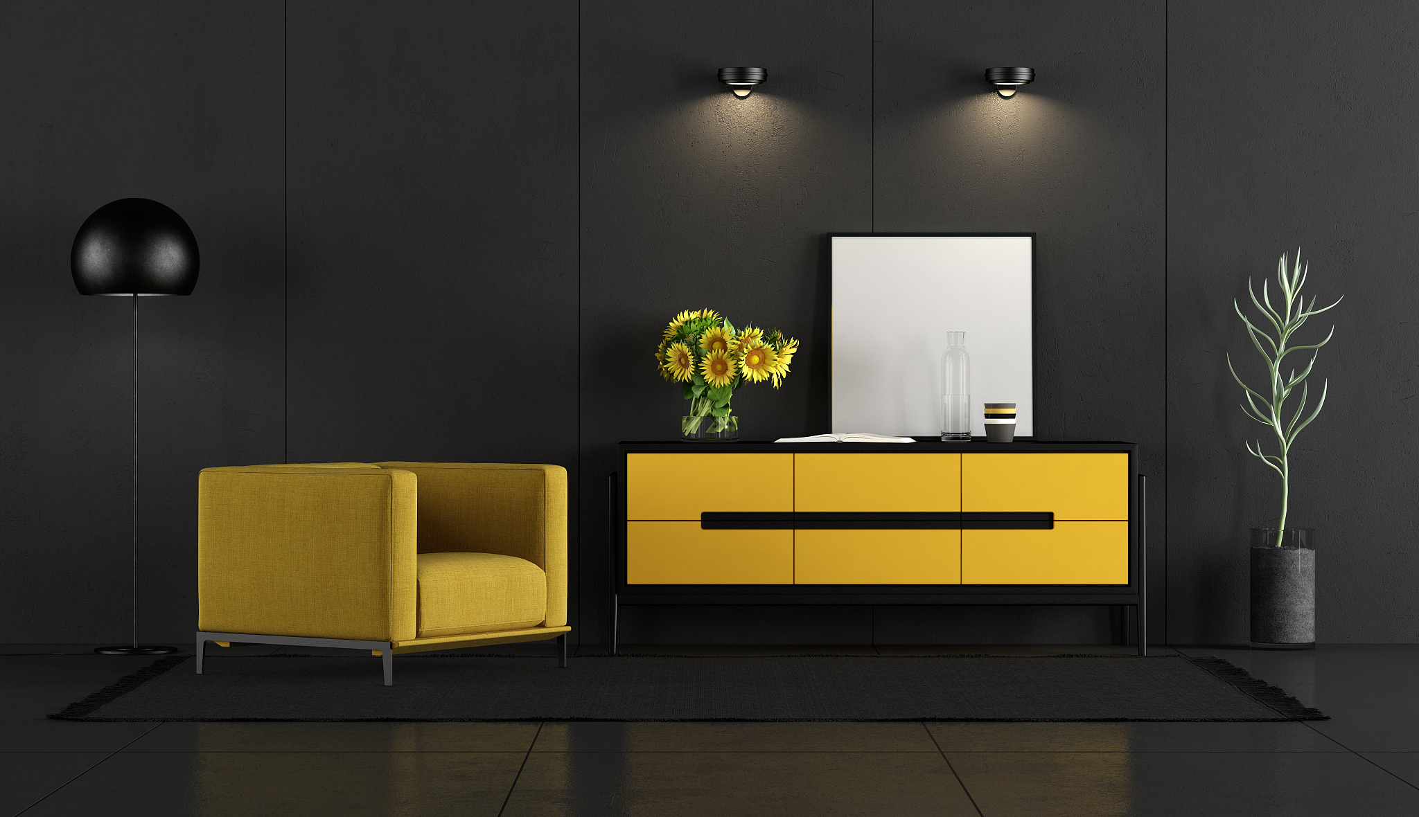black and yellow room with armchair and sideboard