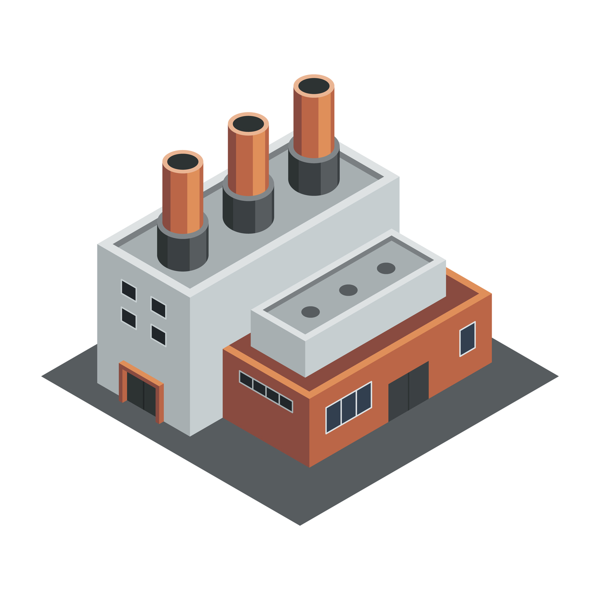 工厂等距视图.工业建筑.带有烟囱塔的工厂概念.3d独立