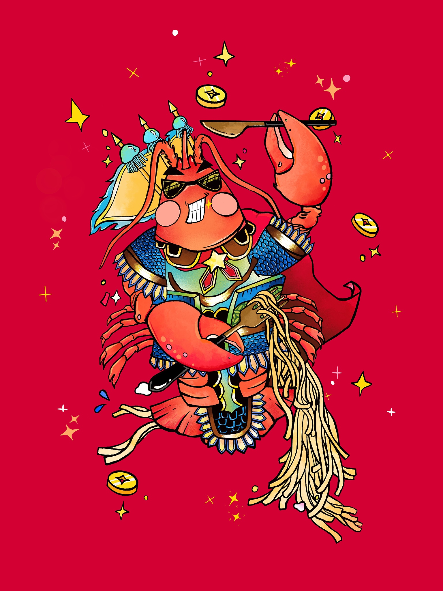 餐饮业门神 吉祥物年画 欢迎光临 龙虾海鲜 红色背景有金币