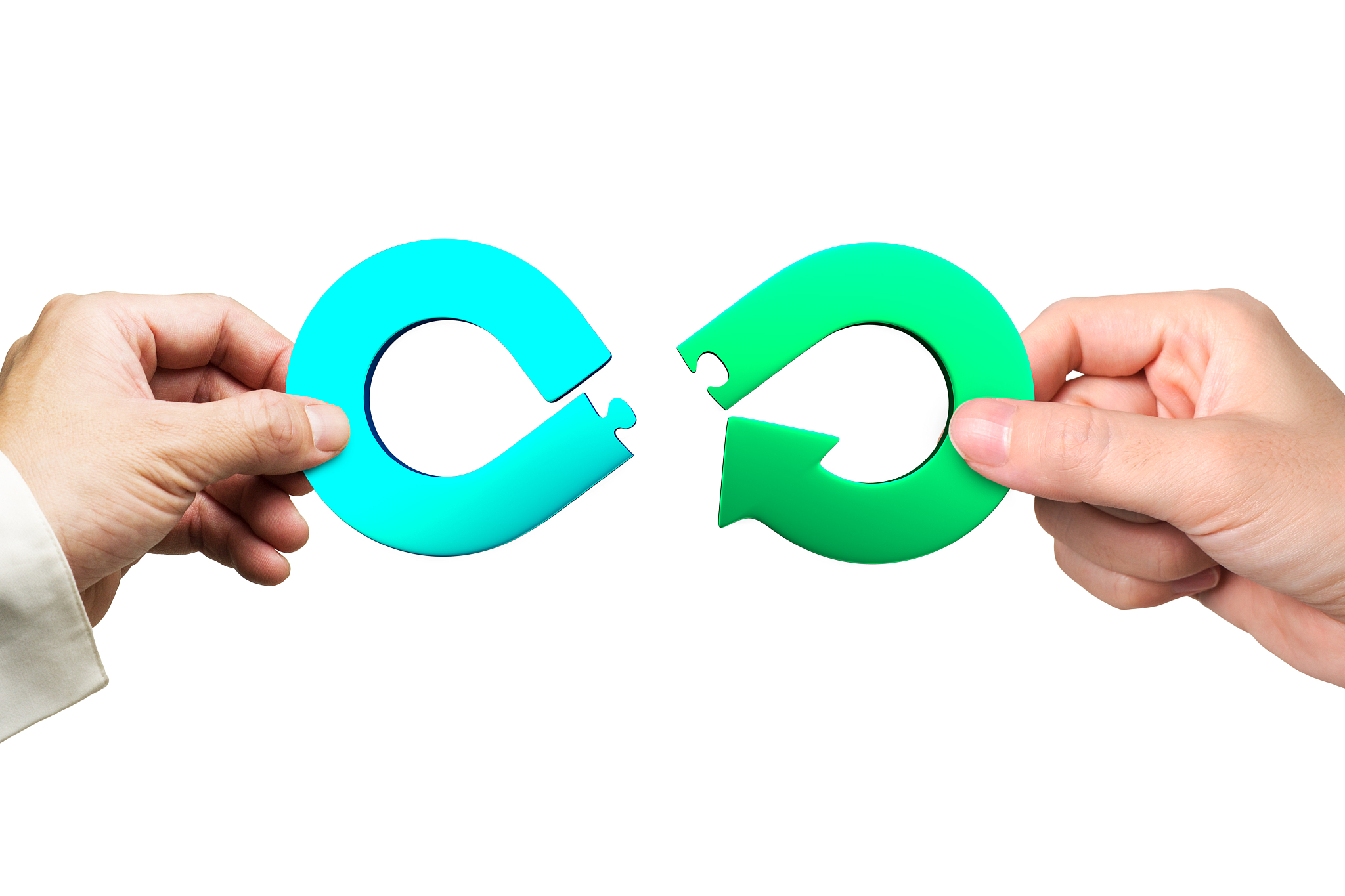 hands holding arrow infinity jigsaw puzzle pieces, circular econ