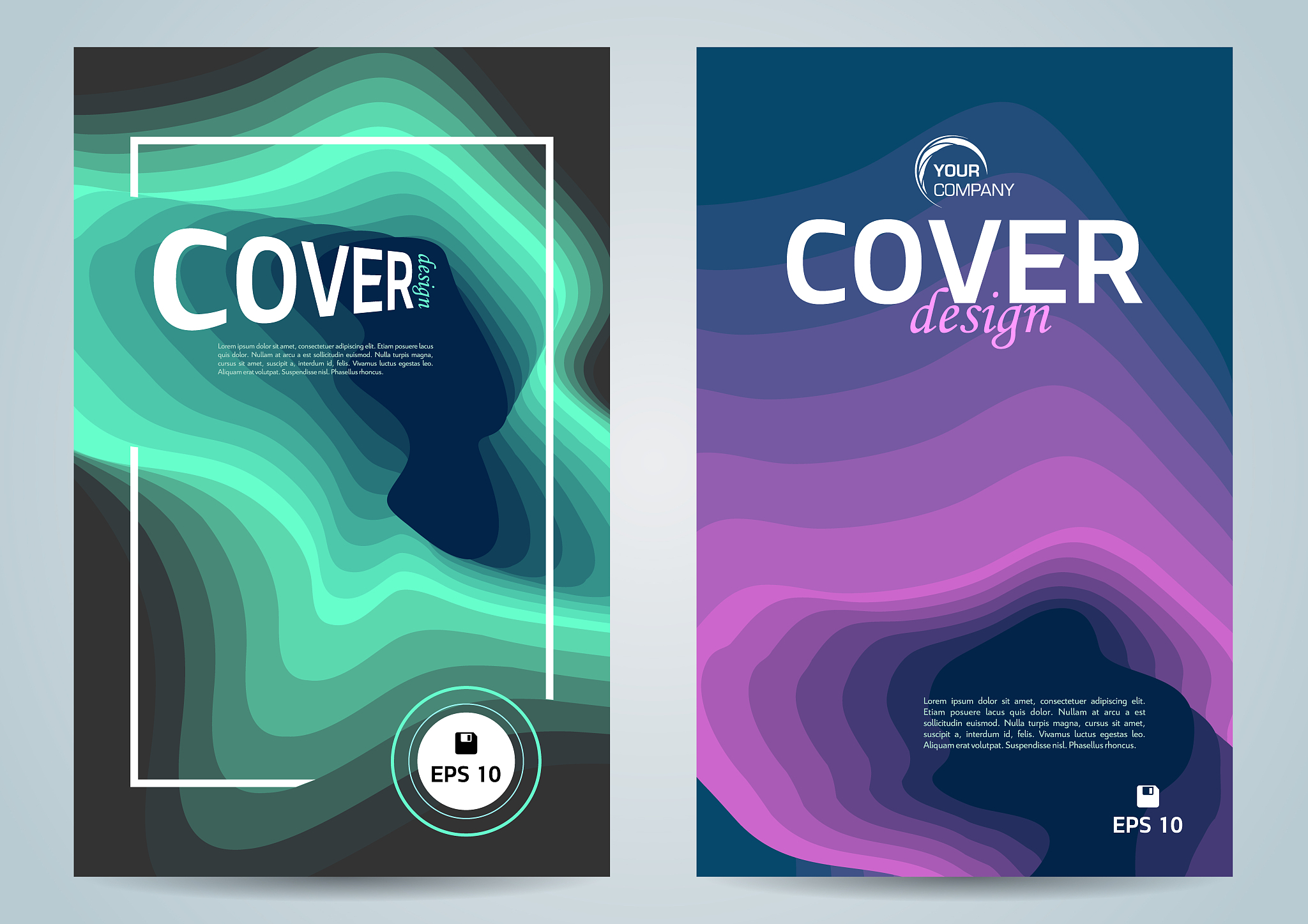 two cover, flyer set with 3d abstract paper cut background in bl