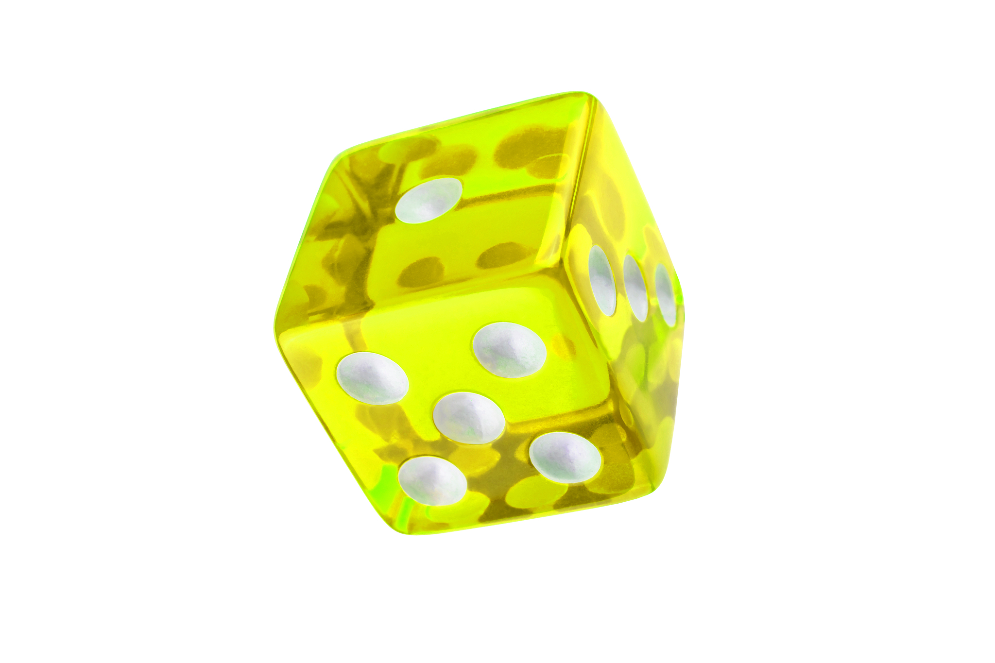 yellow glass dice closeup isolated on white without shadow. one,