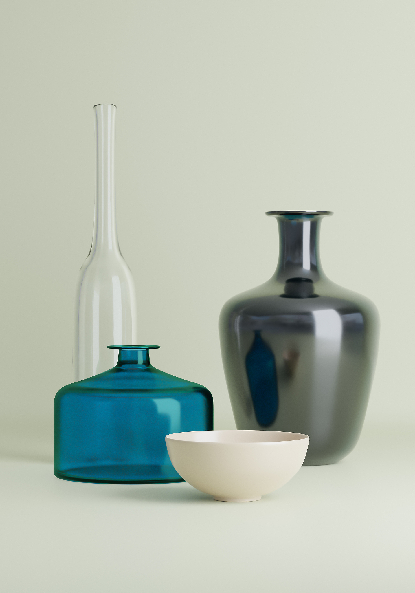 blue glass bottle and other tableware