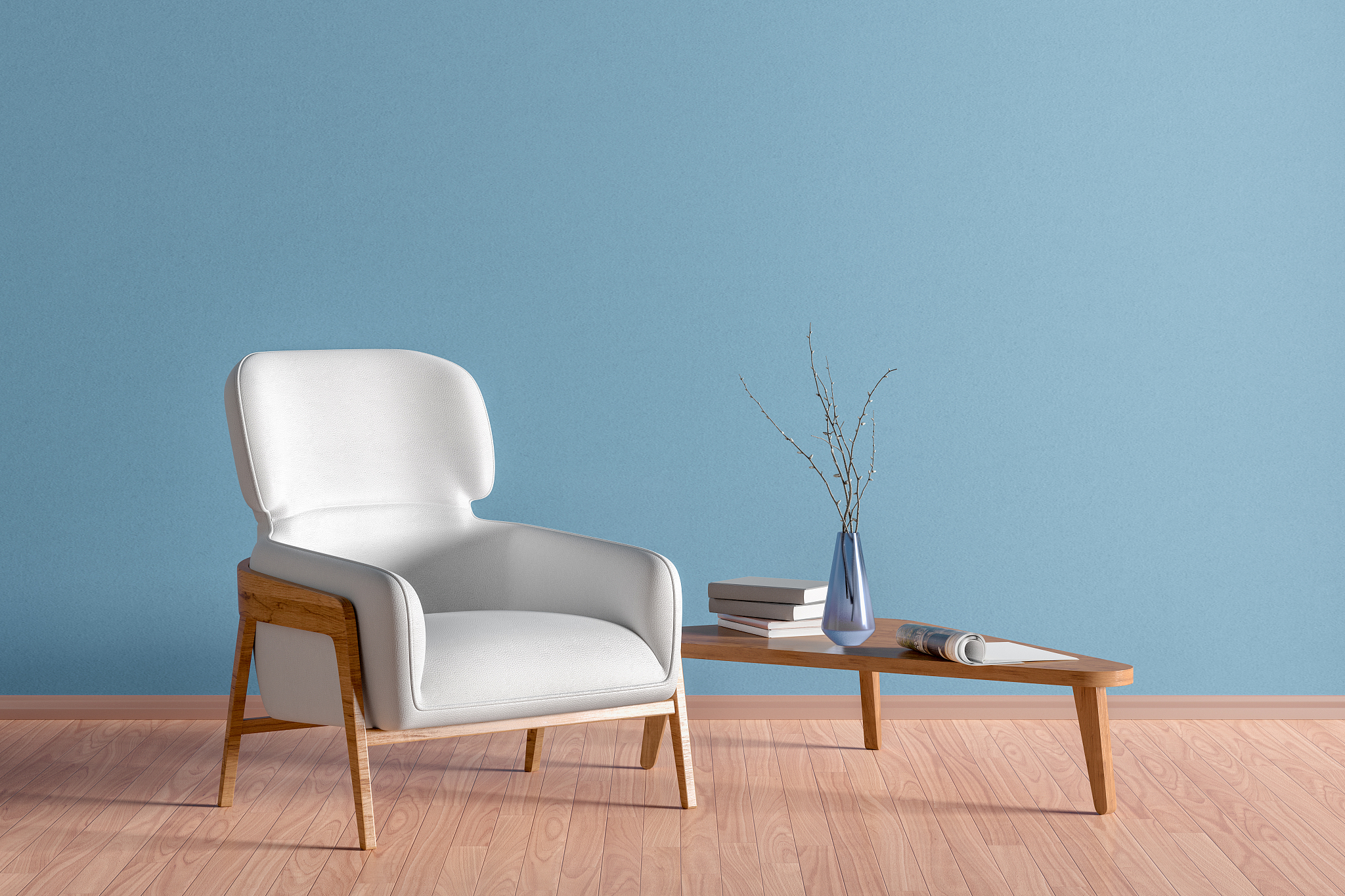 interior of living room with white leather armchair and wooden t