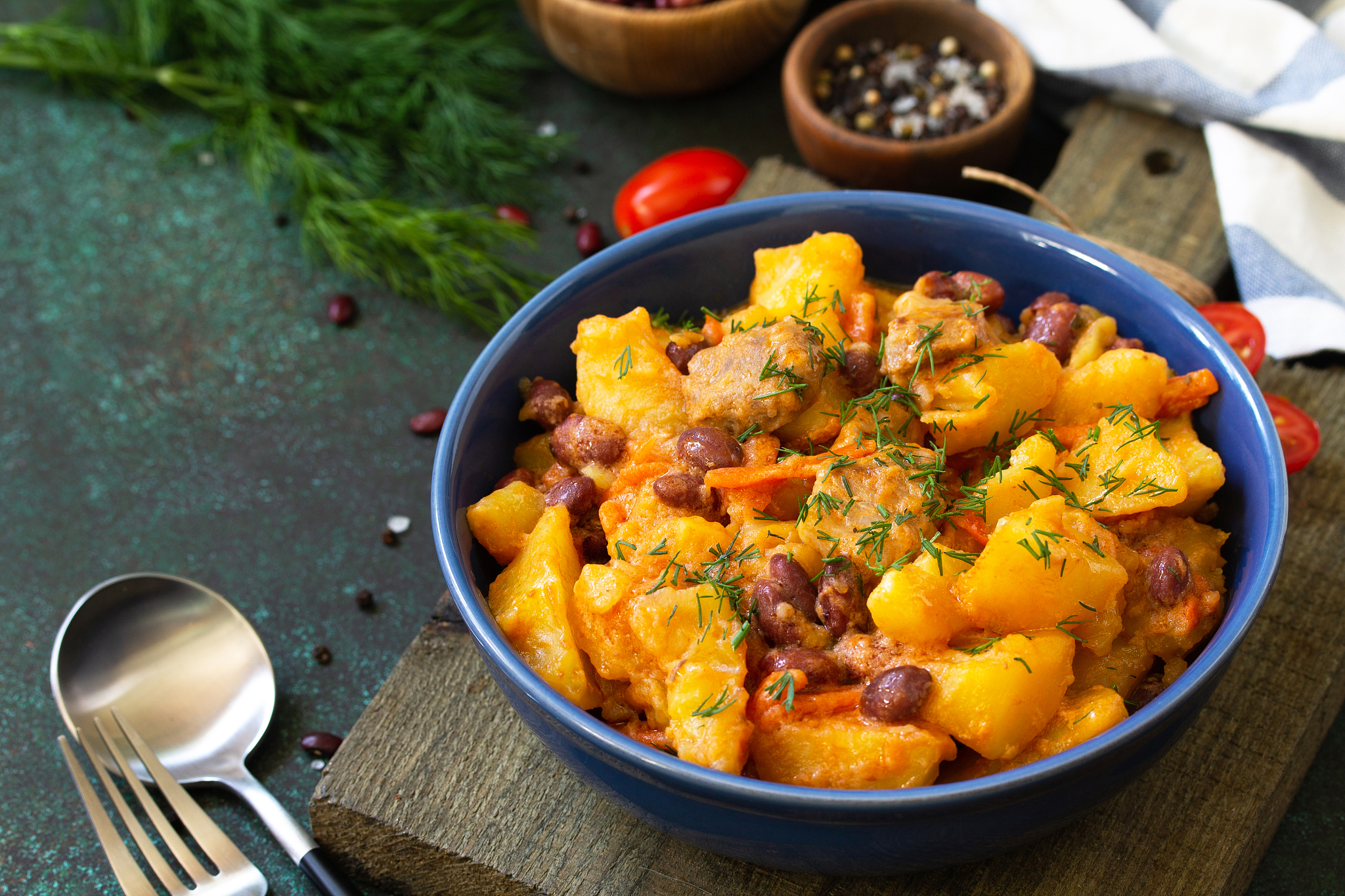 thanksgiving autumn menu. stew with beans and vegetables in a bo