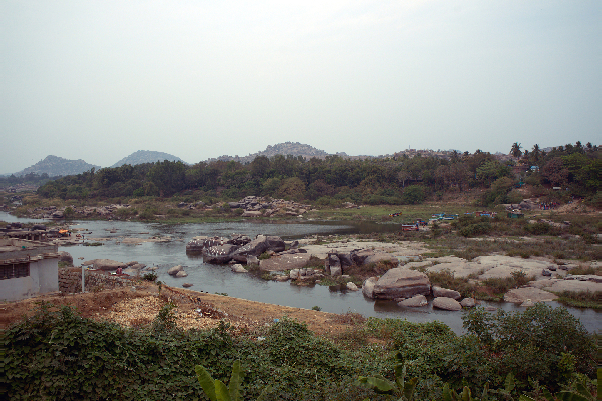river crossing in hampi, karnataka, india. view from above.
