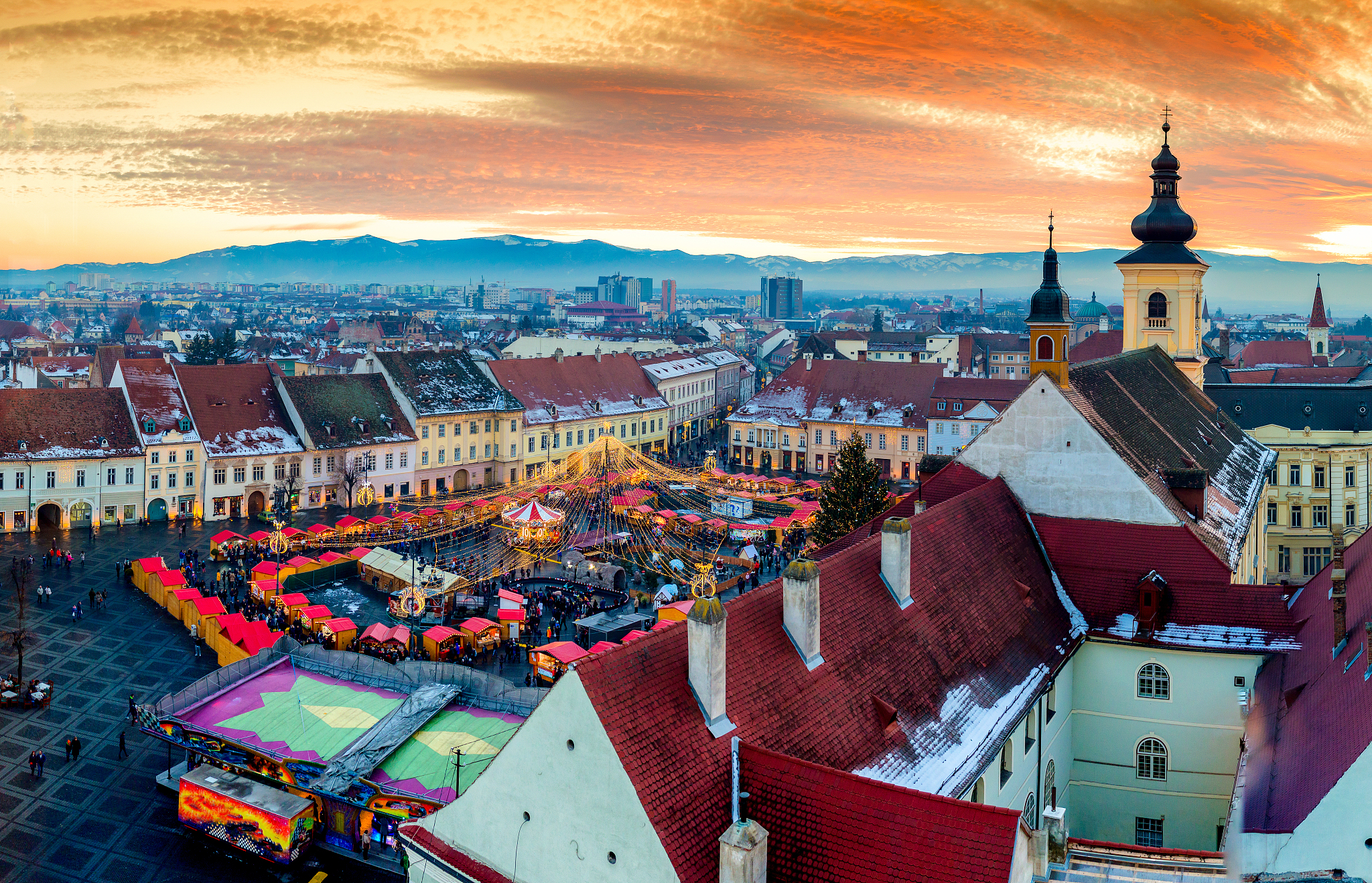 panoramic view of sibiu central square in transylvania, romania.