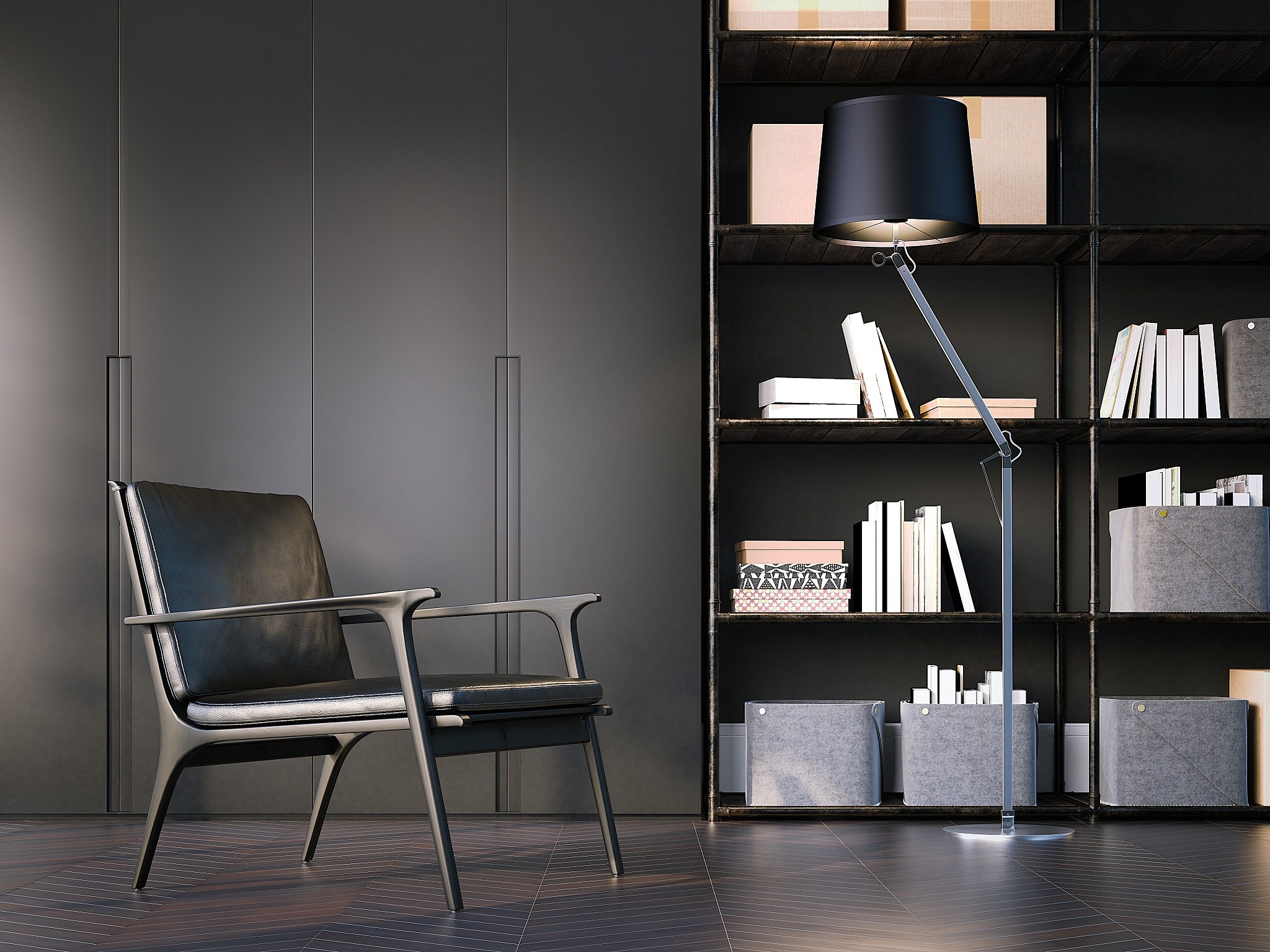 modern interior with black armchair. 3d rendering