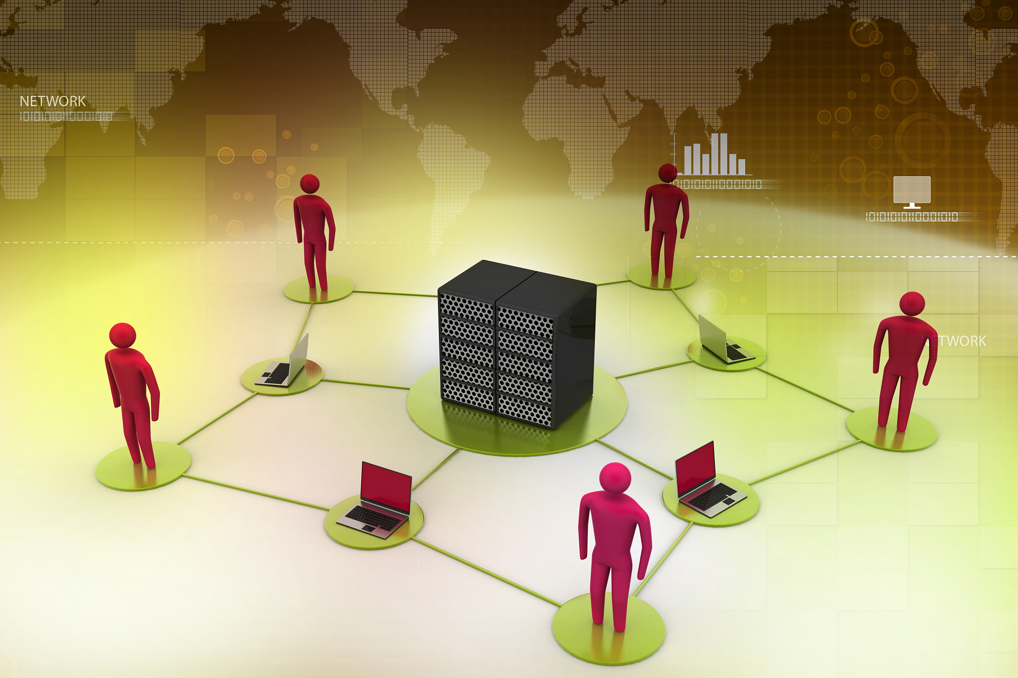 human with laptop with big server net work firewall. 3d image