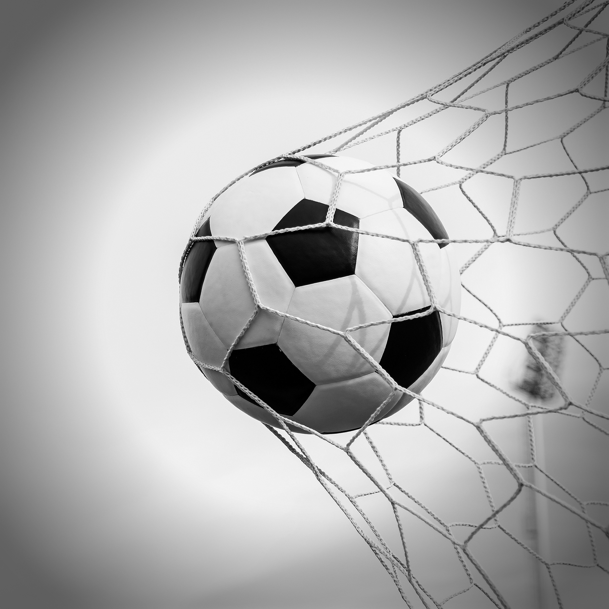 soccer football in goal net with the sky field.