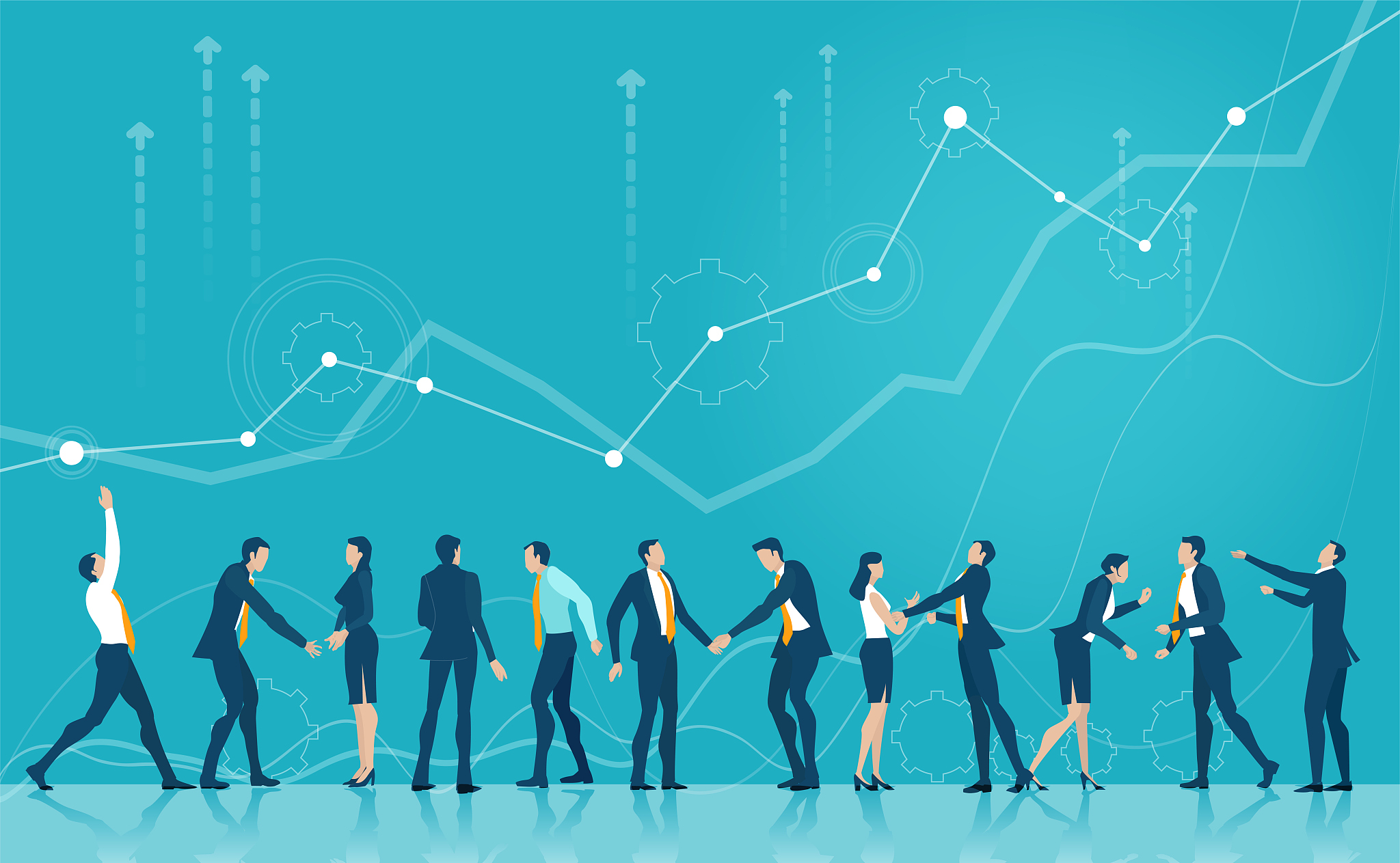 business people sanding in line with growth chart showing vivid 