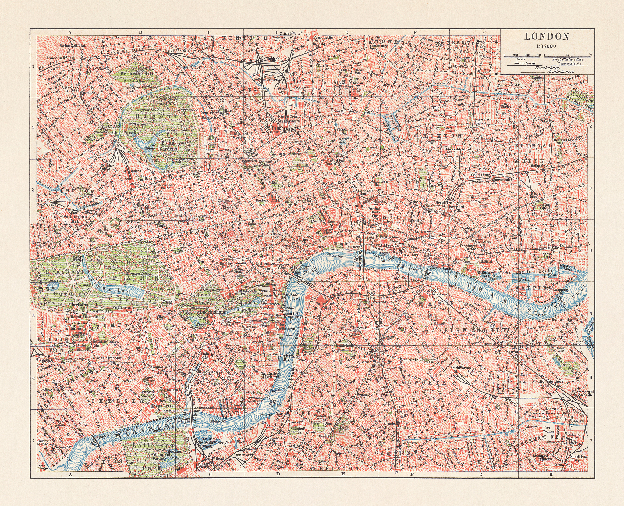 city map of london, england, downtown district, lithograph, publ