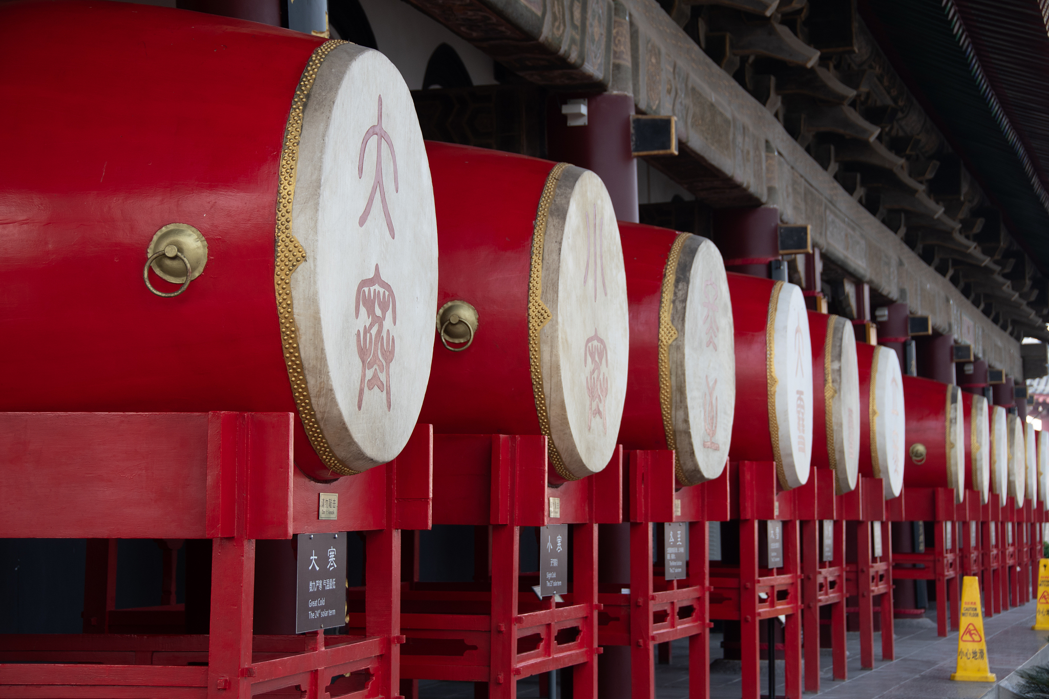line of drums at the drum tower in xi'an china