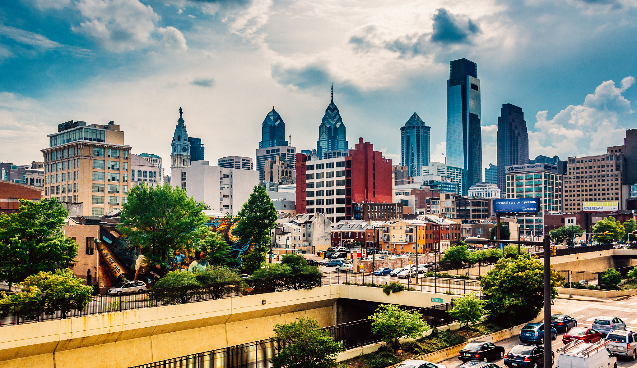 view of the philadelphia skyline from the reading viaduct, phila