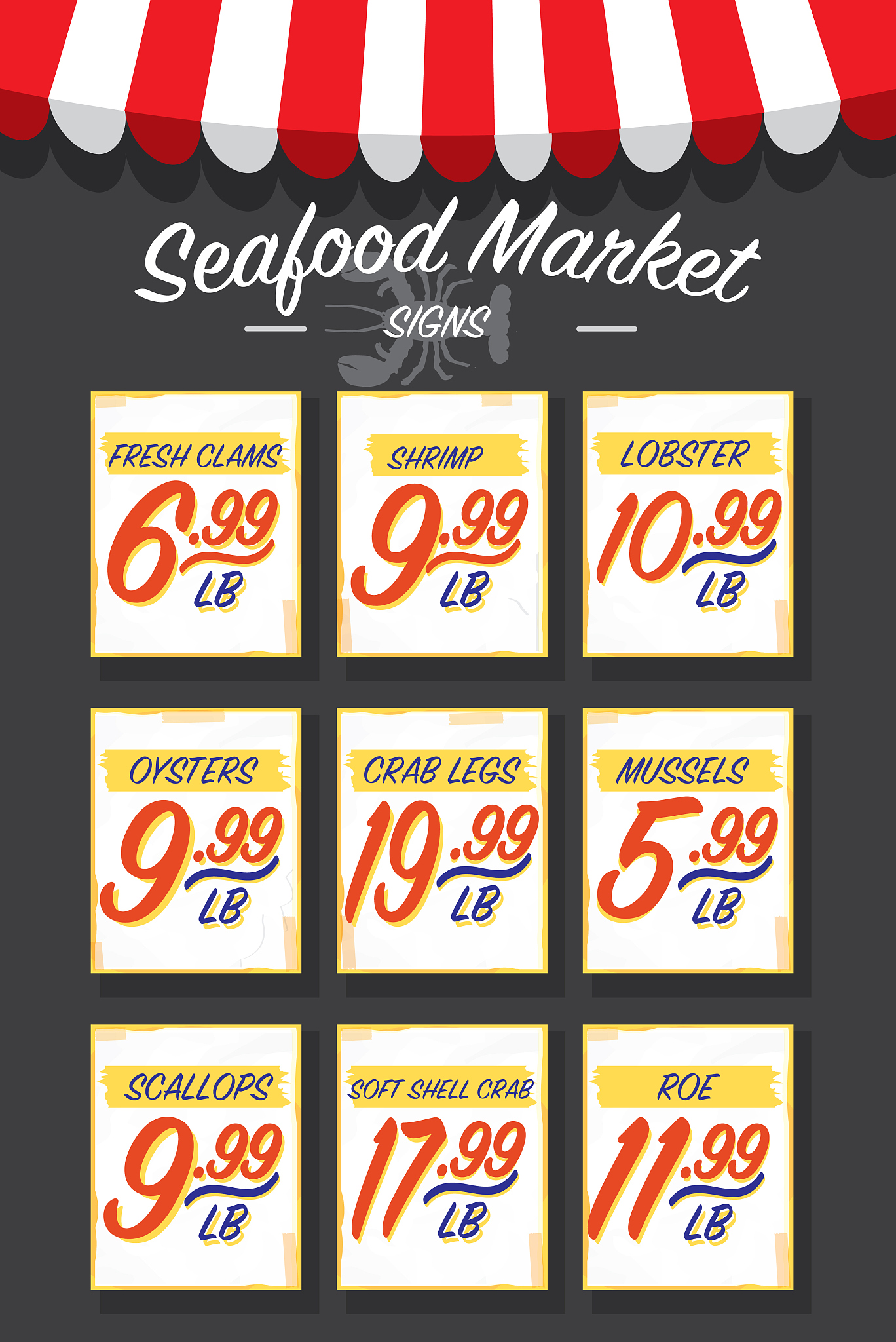 old fashioned seafood market paper signs set
