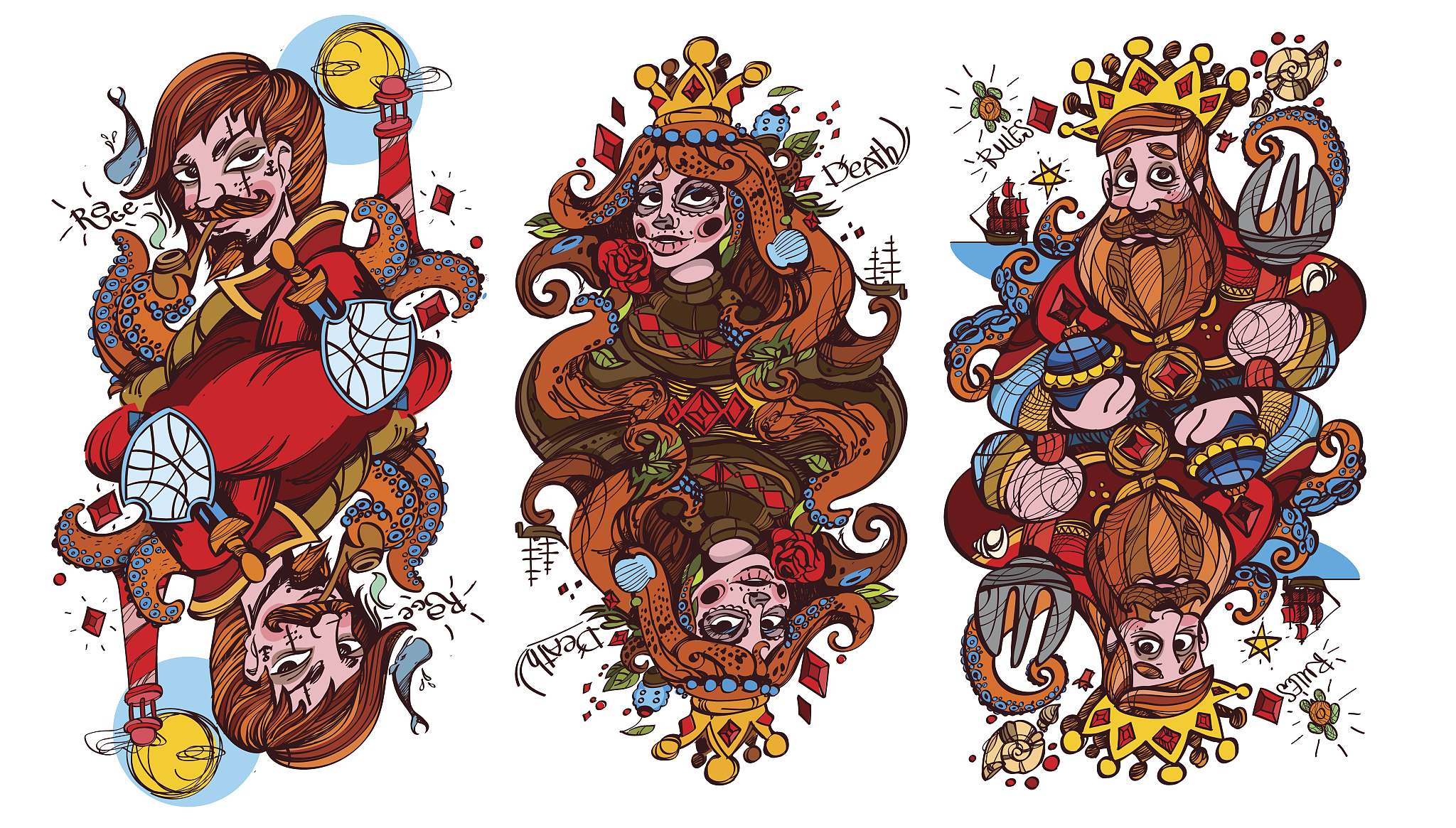 figure characters. king, queen and jack of diamonds suit.