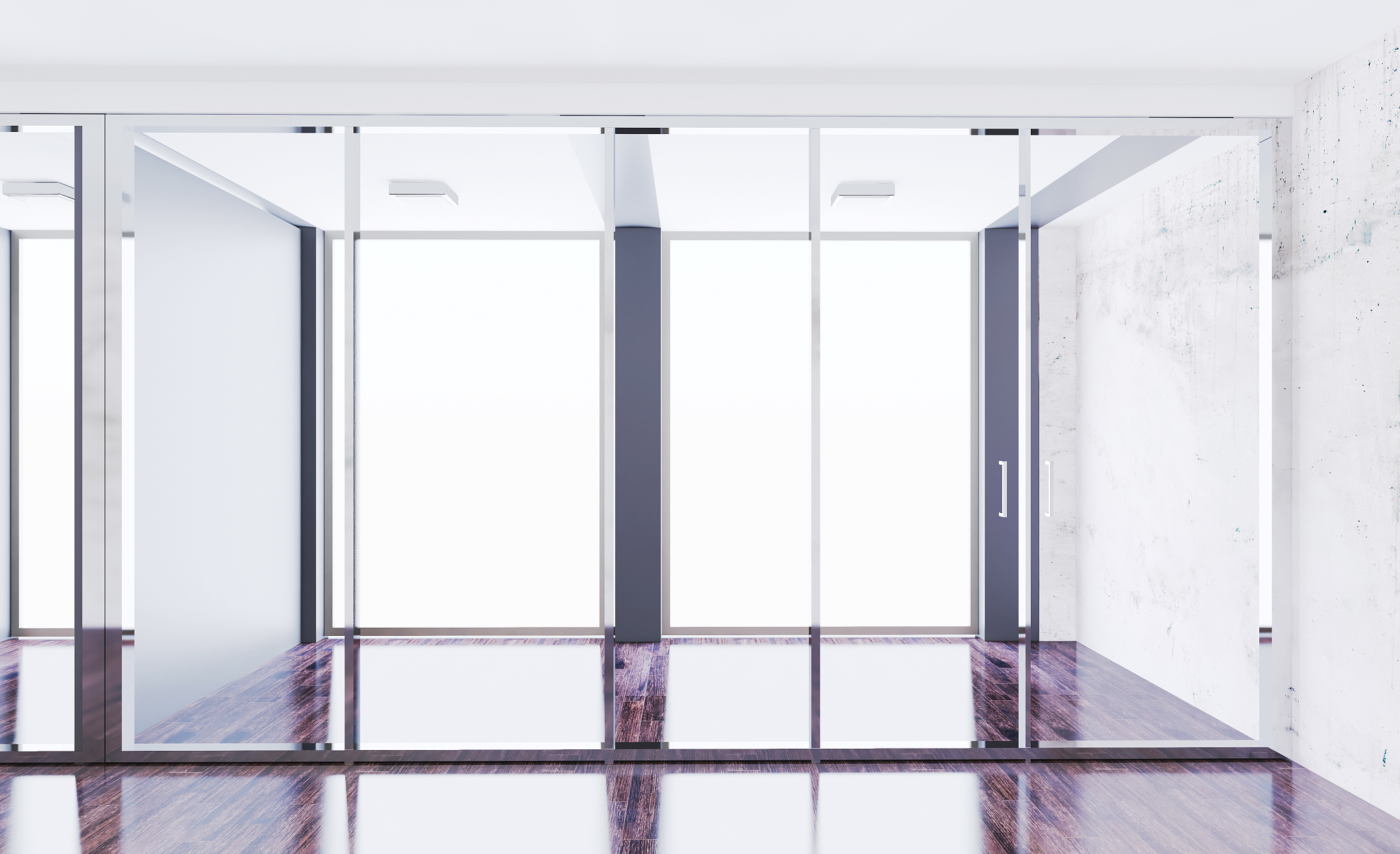 interior of an empty office with concrete and glass walls. the b