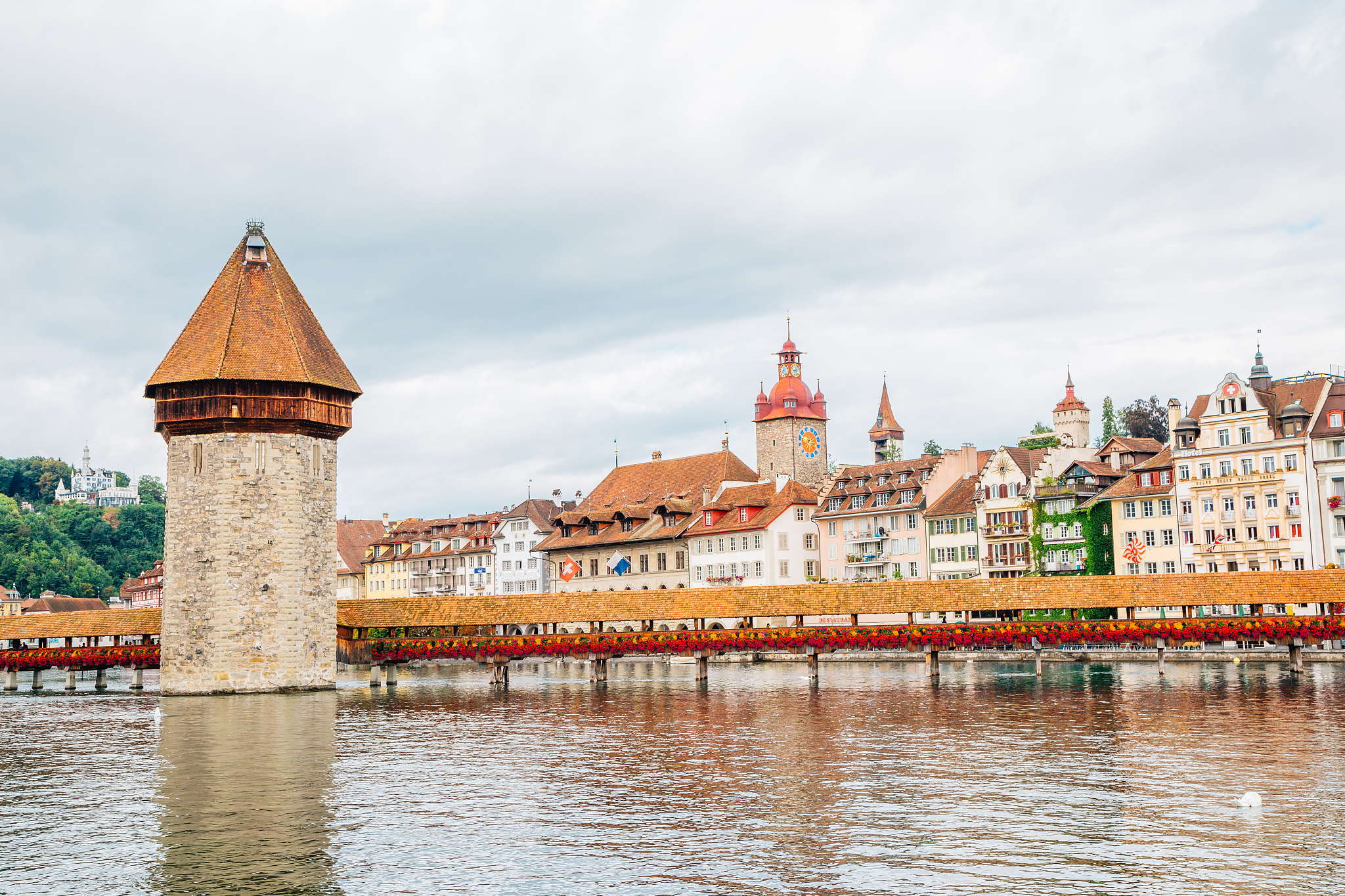 chapel bridge and european buildings in lucerne, switzerland