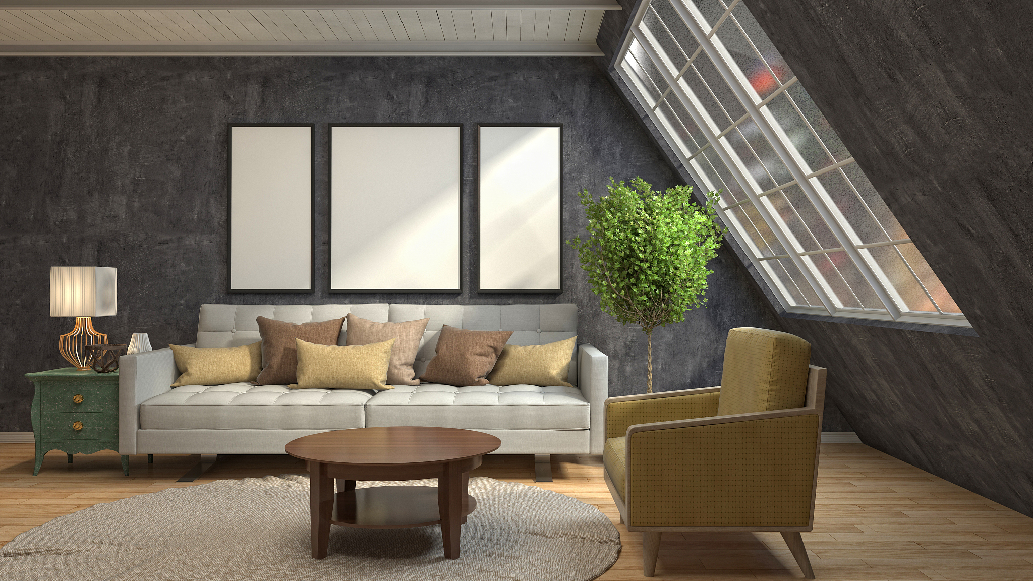 mock up poster frame in interior background. 3d illustration