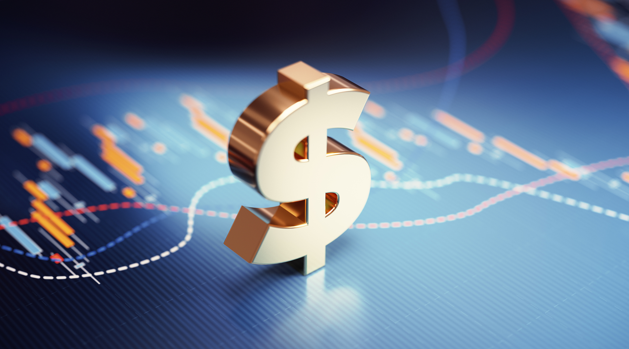 american dollar sign sitting over blue financial bar graph - sto