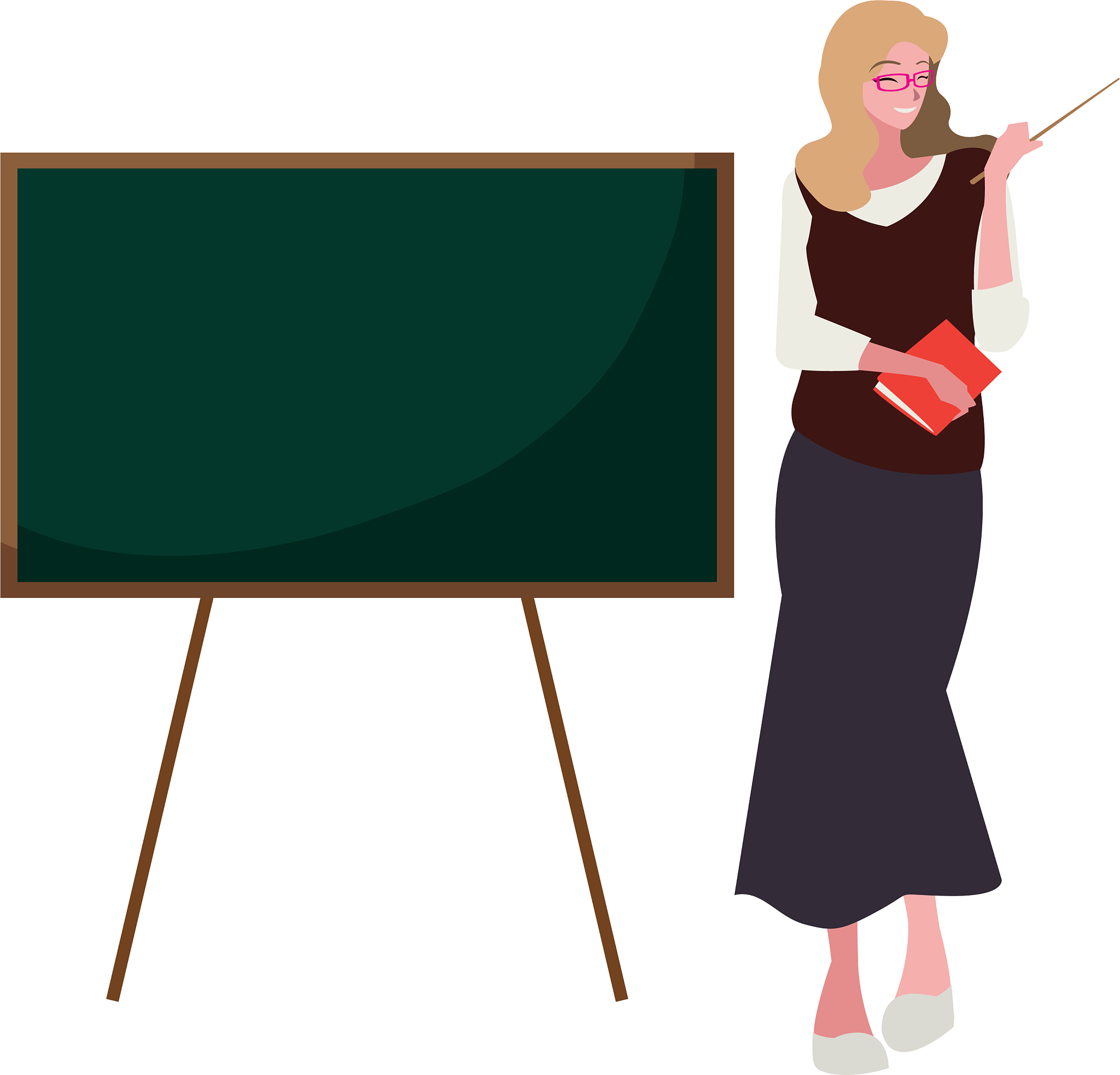 female teacher with textbook and chalkboard