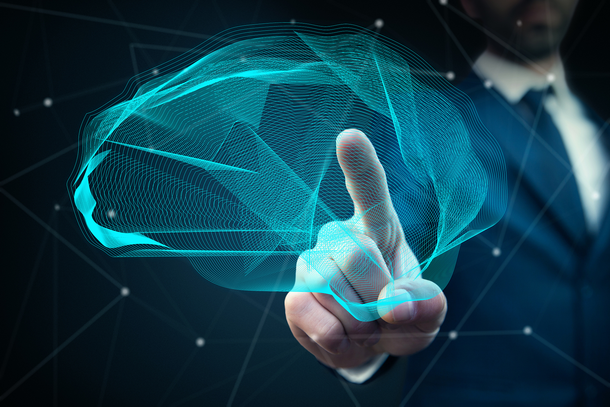 businessman holding digital human brain