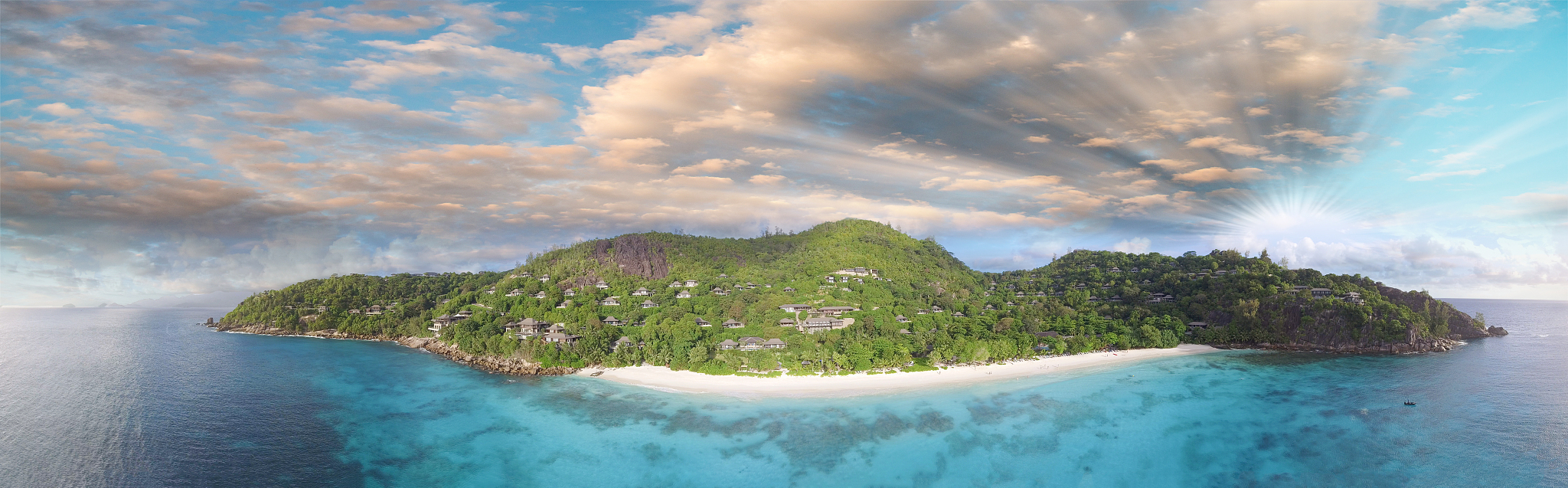 beautiful beach of seychelles, panoramic aerial view