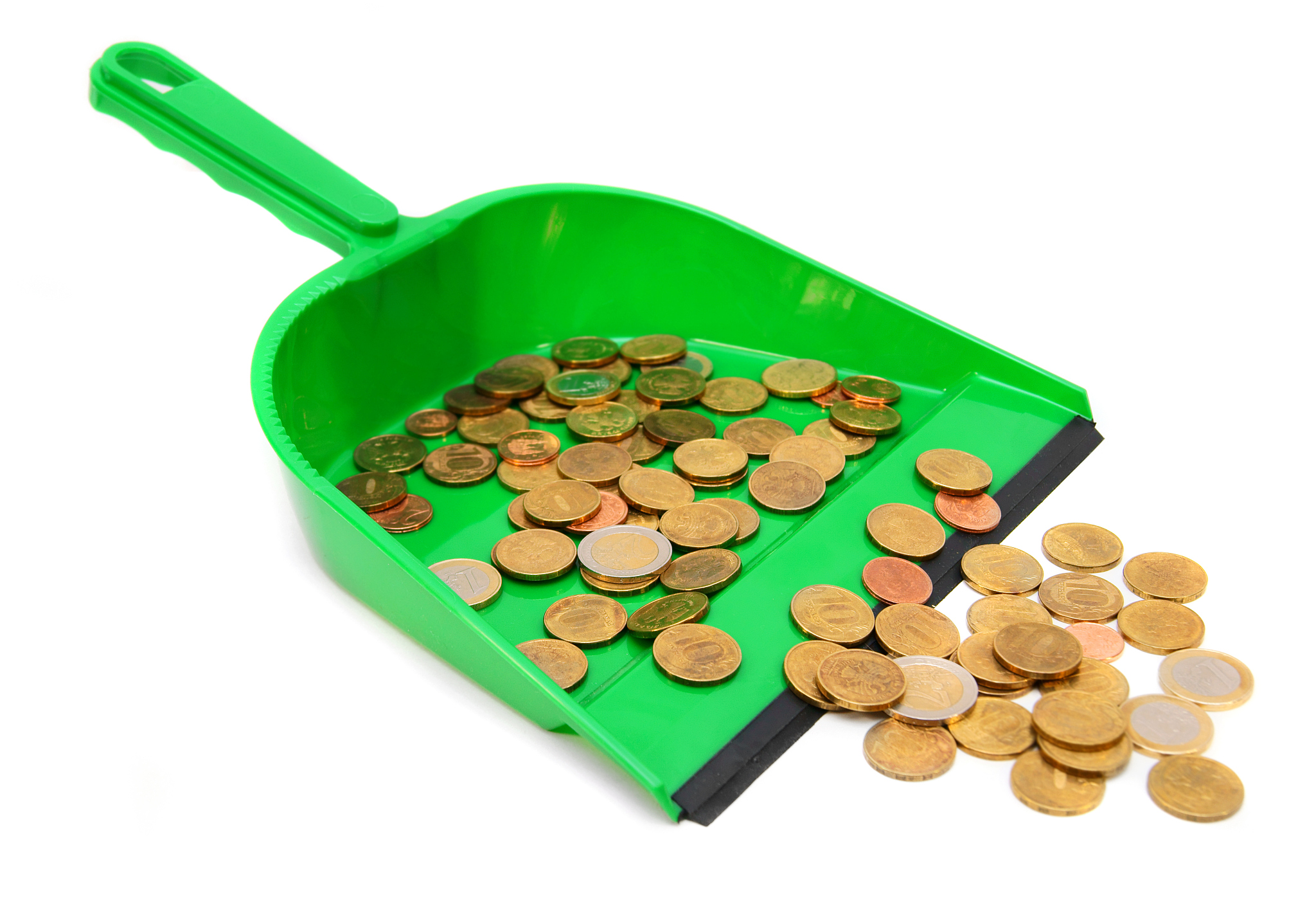 scoop and coins. on a white background.