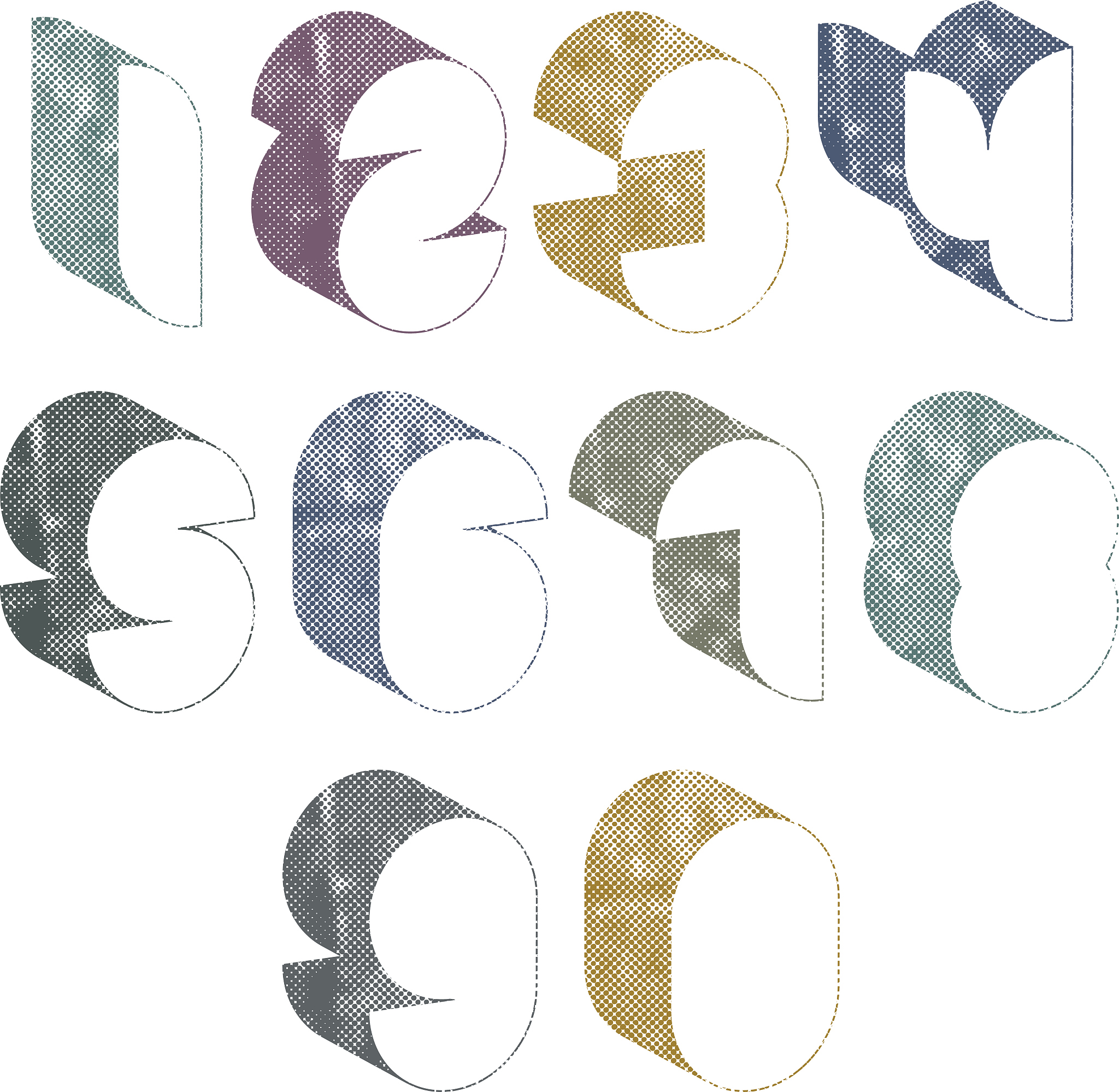3d futuristic numbers with halftone dots textures.