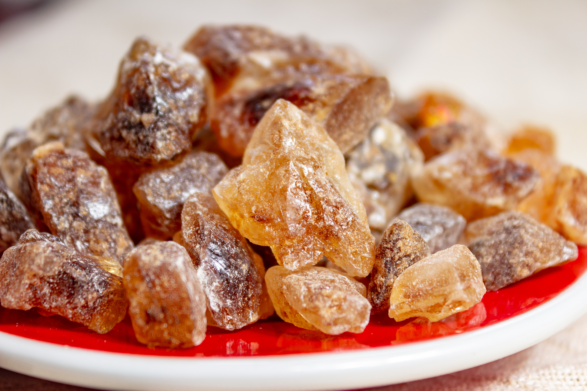 crystals of candy sugar, traditional brown rock sugar originally