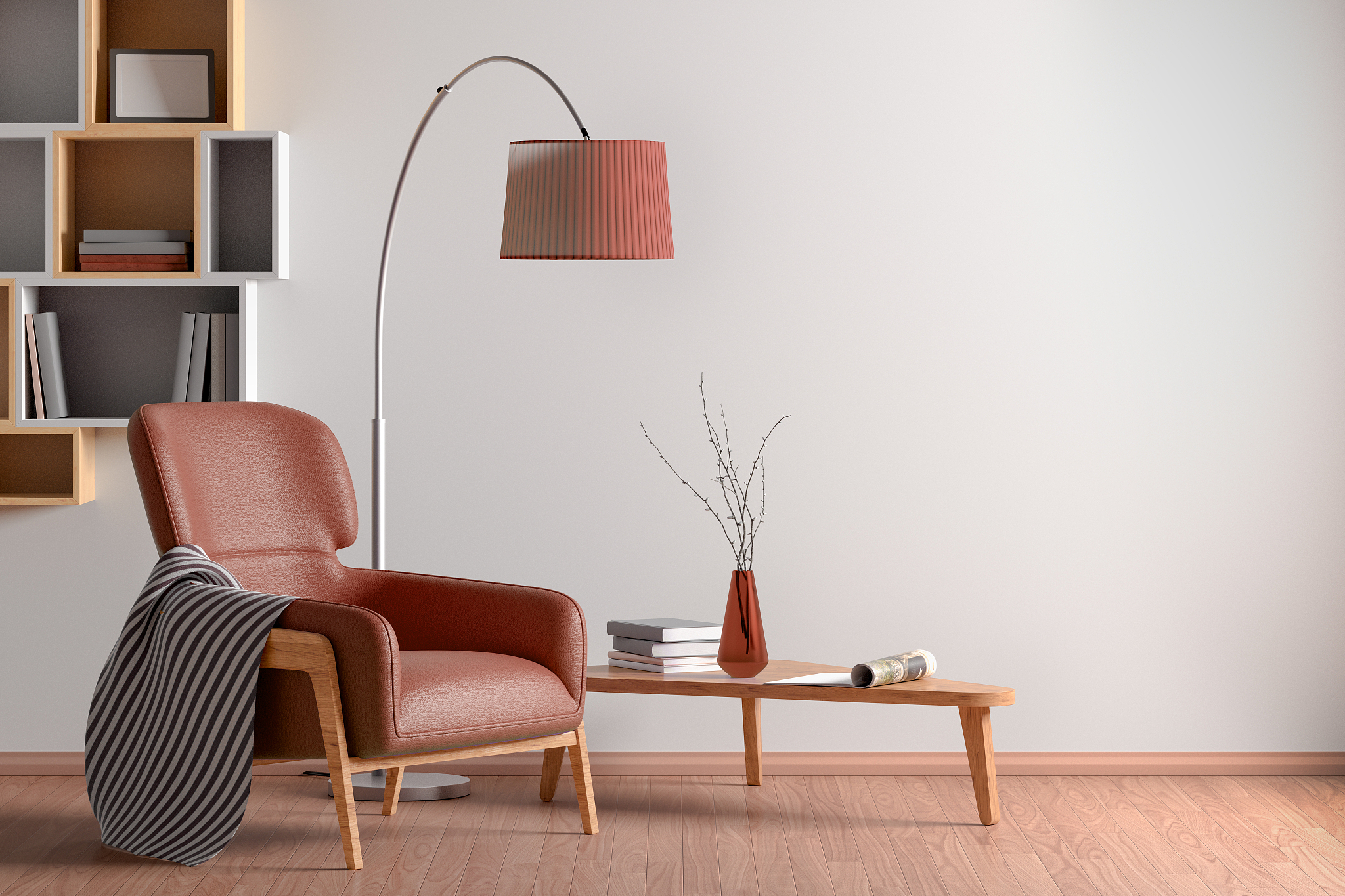 interior of living room with armchair, coffee table, floor lamp
