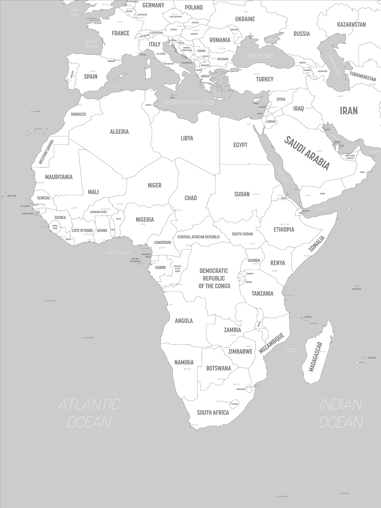africa map - white lands and grey water high